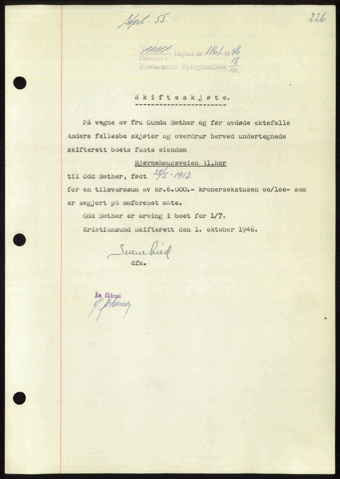 Kristiansund byfogd, AV/SAT-A-4587/A/27: Mortgage book no. 39b, 1946-1947, Diary no: : 1161/1946