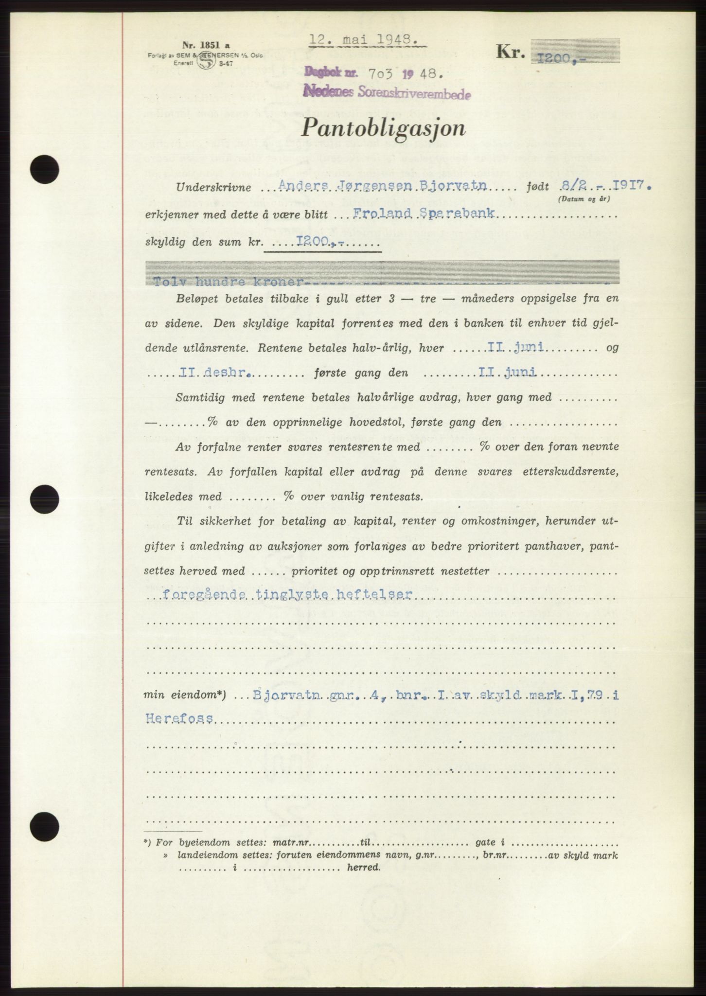 Nedenes sorenskriveri, AV/SAK-1221-0006/G/Gb/Gbb/L0005: Mortgage book no. B5, 1948-1948, Diary no: : 703/1948