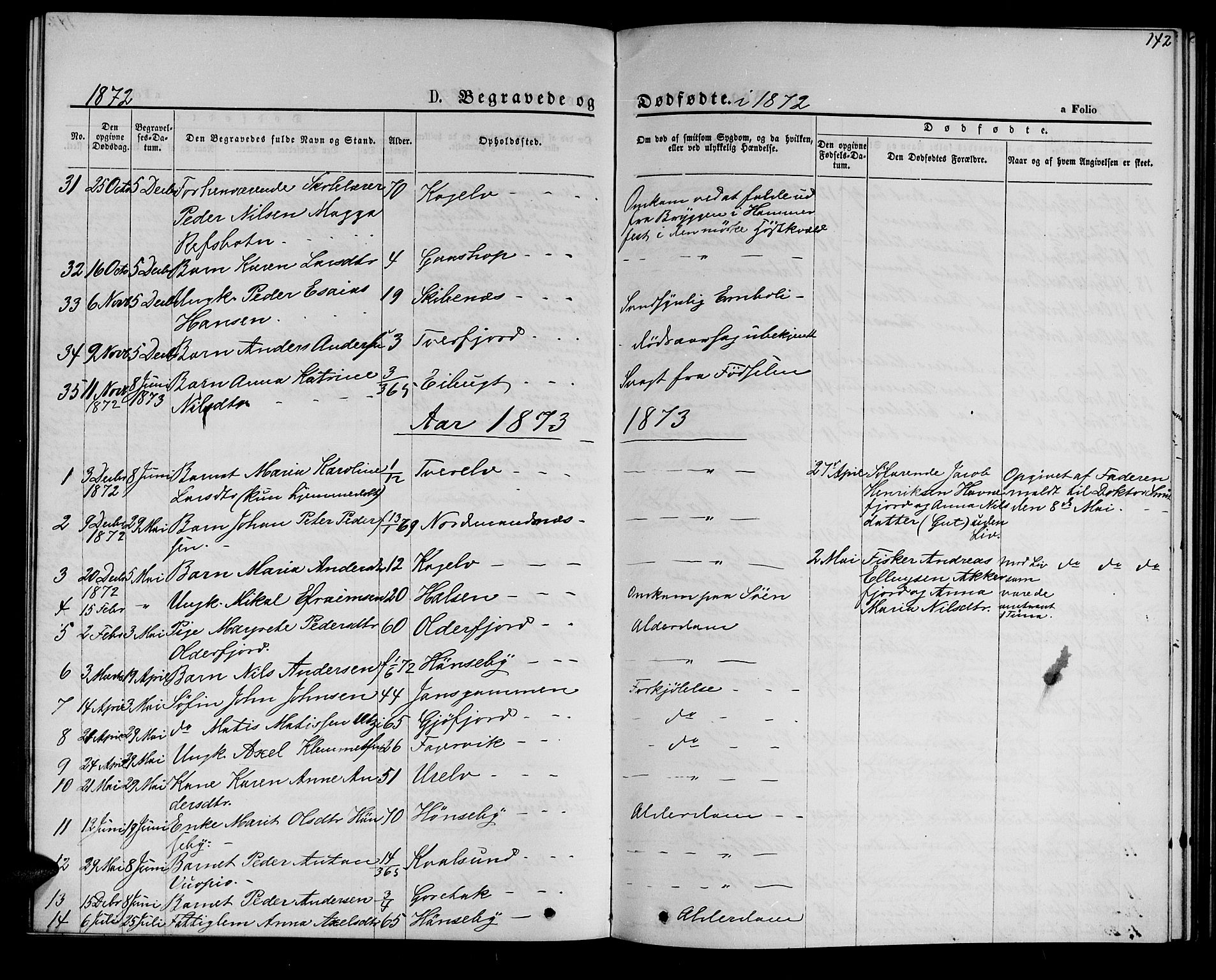 Hammerfest sokneprestkontor, SATØ/S-1347/H/Hb/L0005.klokk: Parish register (copy) no. 5, 1869-1884, p. 142