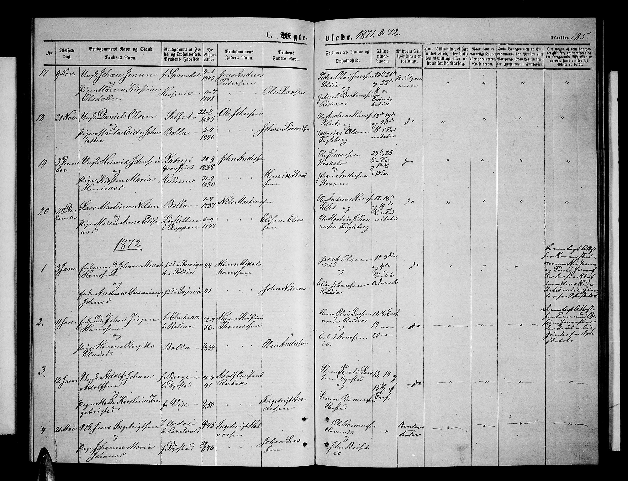 Ibestad sokneprestembete, SATØ/S-0077/H/Ha/Hab/L0006klokker: Parish register (copy) no. 6, 1871-1879, p. 185