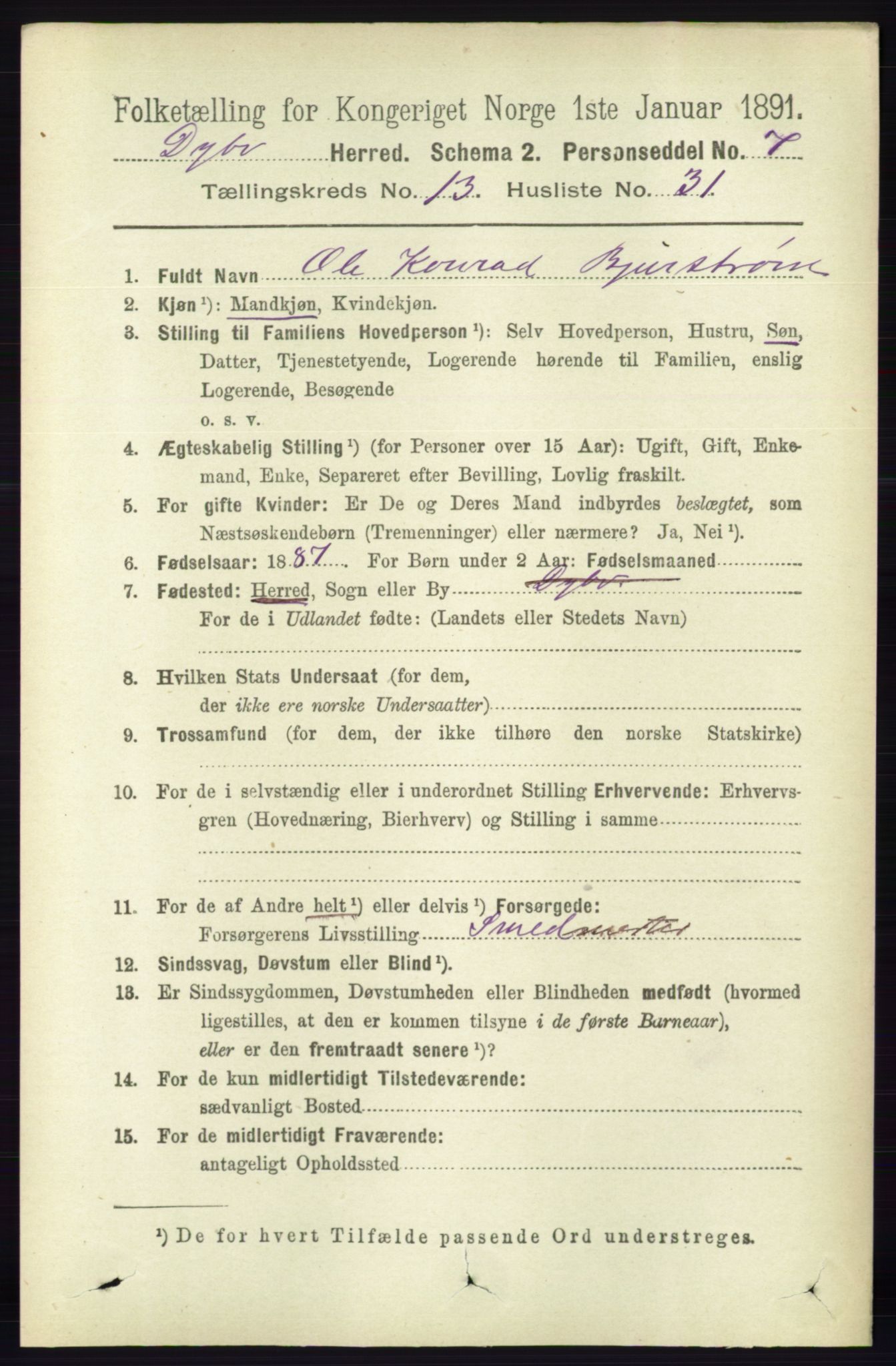 RA, 1891 census for 0915 Dypvåg, 1891, p. 5485