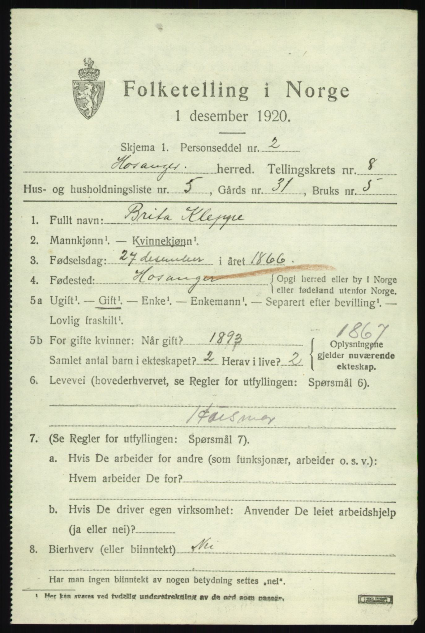 SAB, 1920 census for Hosanger, 1920, p. 3409