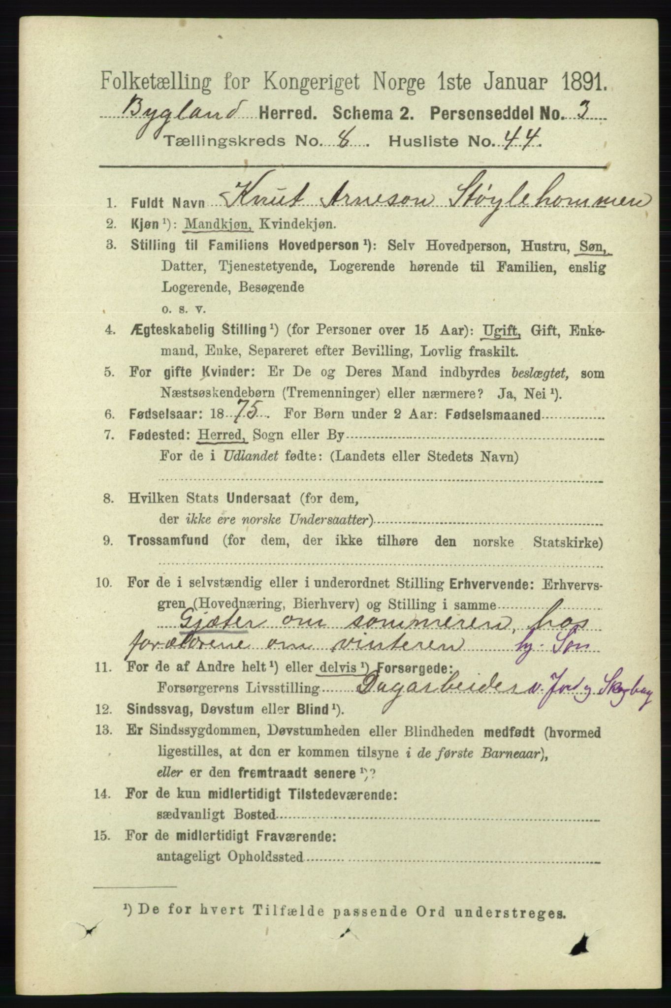 RA, 1891 census for 0938 Bygland, 1891, p. 2187