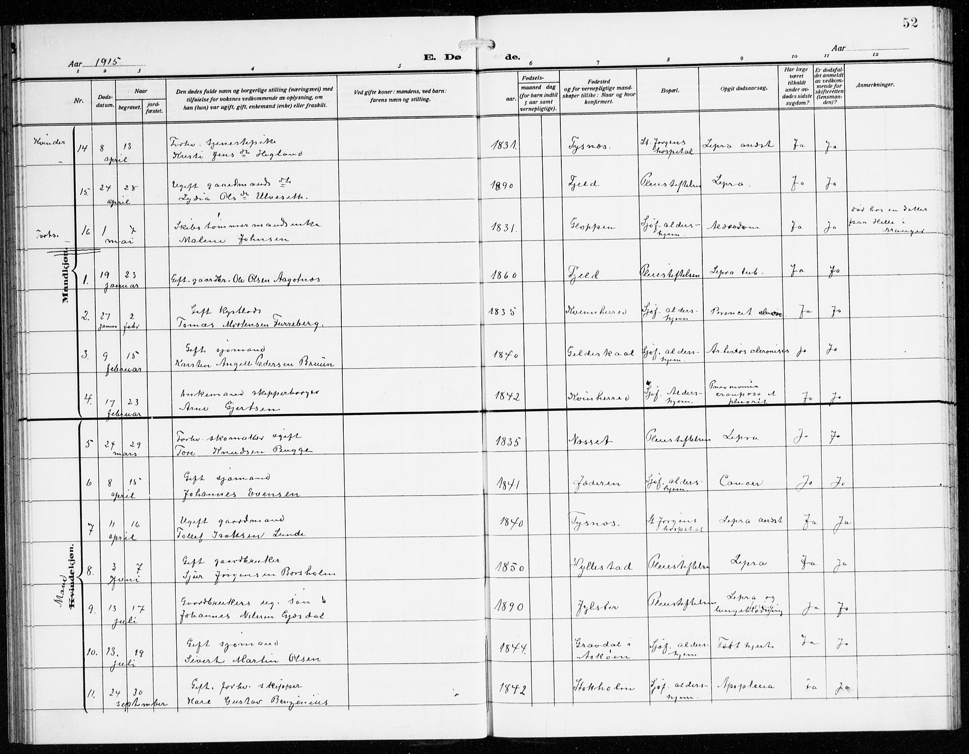 St. Jørgens hospital og Årstad sokneprestembete, AV/SAB-A-99934: Parish register (copy) no. A 11, 1909-1935, p. 52