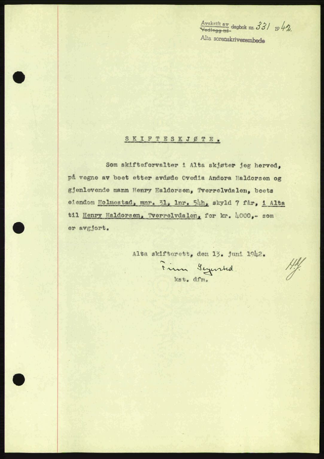 Alta fogderi/sorenskriveri, SATØ/SATØ-5/1/K/Kd/L0033pantebok: Mortgage book no. 33, 1940-1943, Diary no: : 331/1942