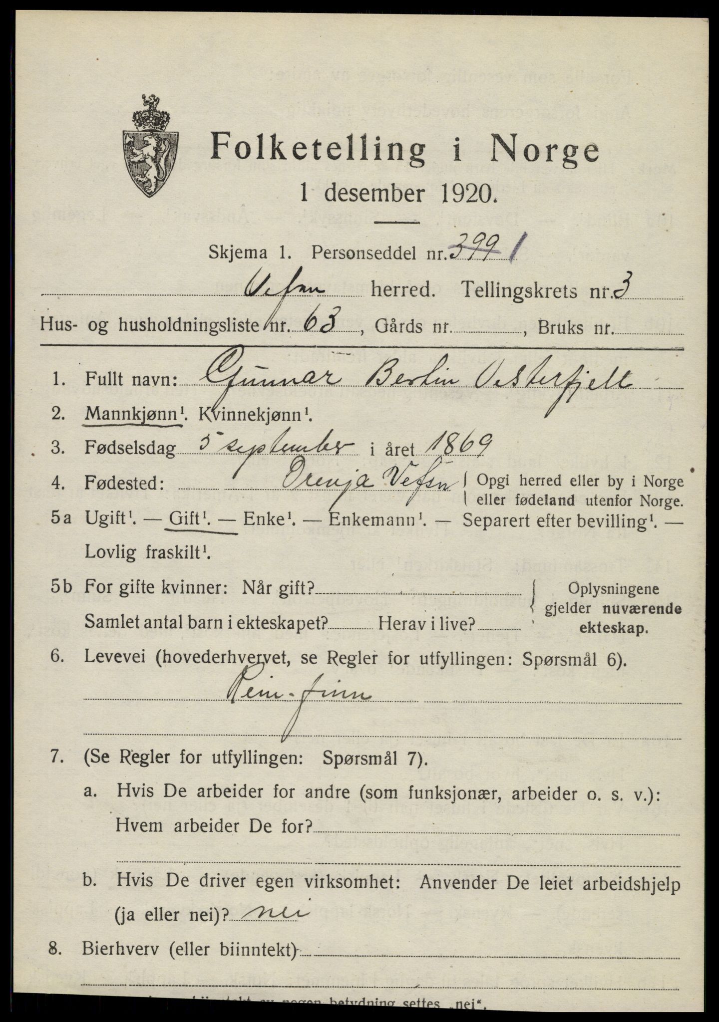 SAT, 1920 census for Vefsn, 1920, p. 2823