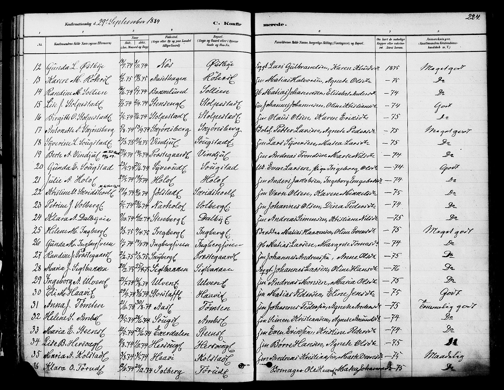 Ringsaker prestekontor, AV/SAH-PREST-014/K/Ka/L0012: Parish register (official) no. 12, 1879-1890, p. 224