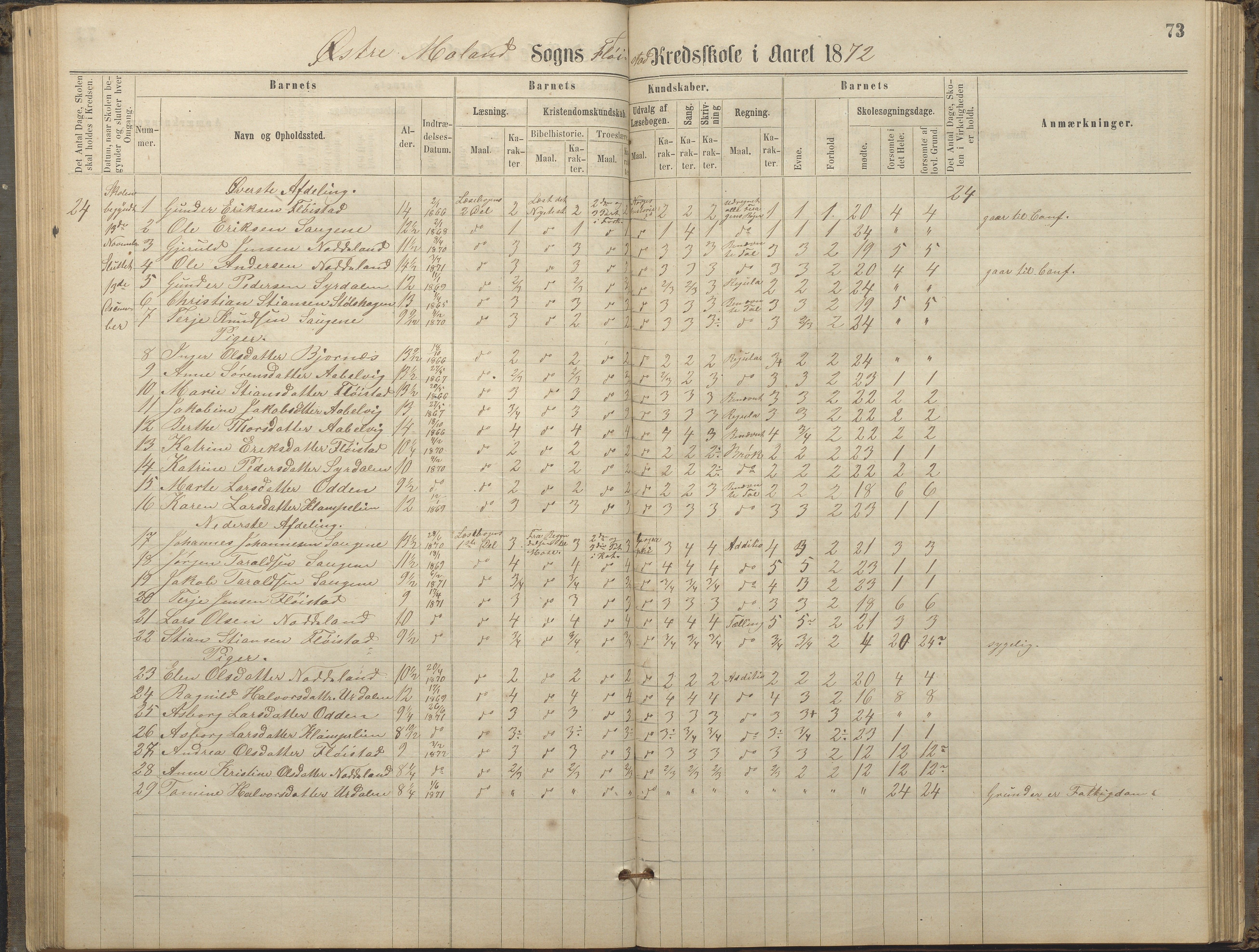 Austre Moland kommune, AAKS/KA0918-PK/09/09c/L0007: Skoleprotokoll, 1865-1881, p. 73