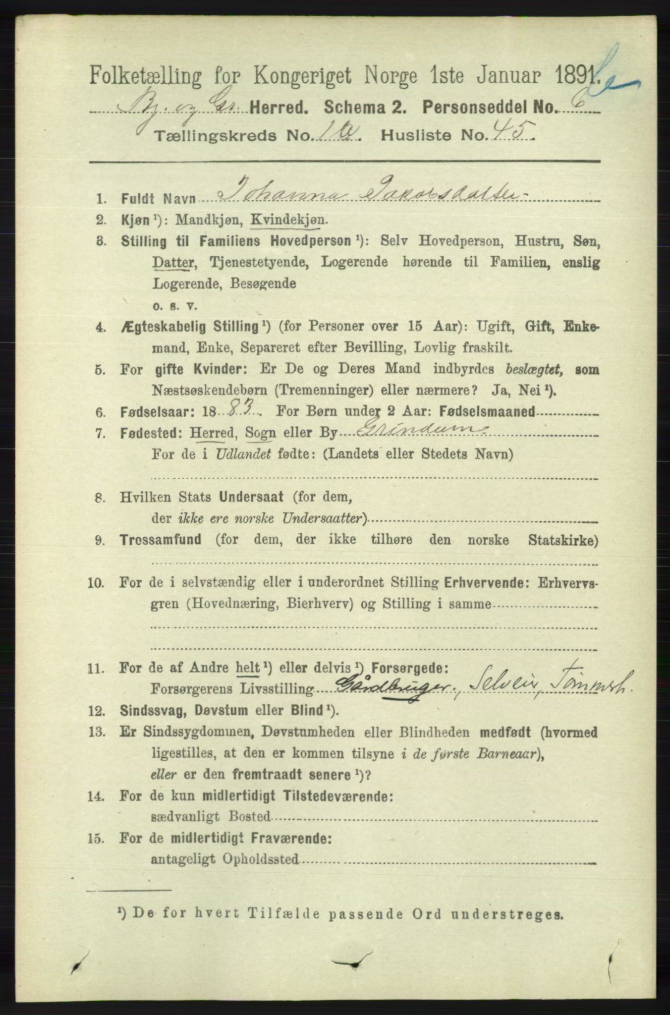 RA, 1891 census for 1024 Bjelland og Grindheim, 1891, p. 1032