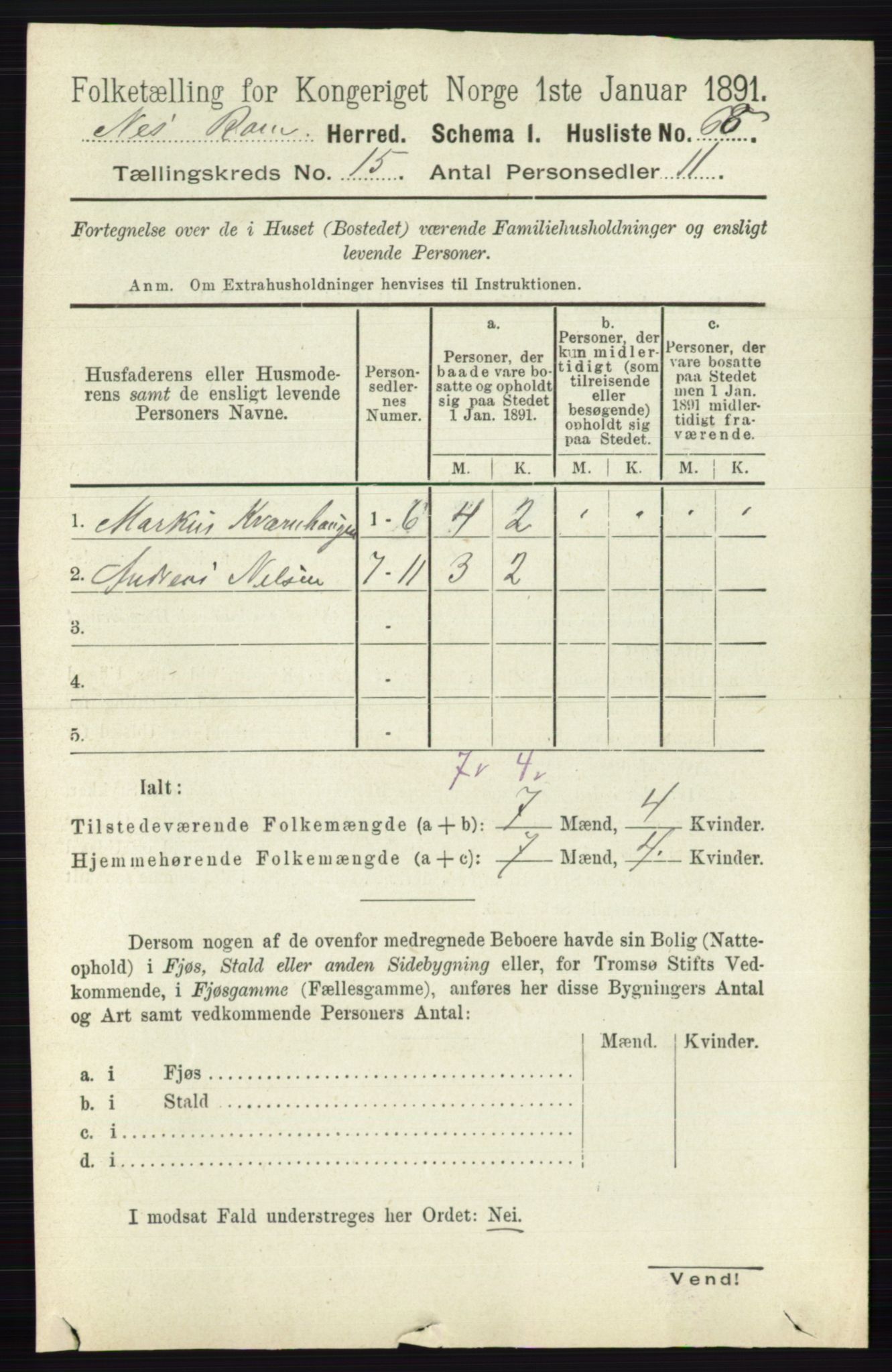 RA, 1891 census for 0236 Nes, 1891, p. 8989