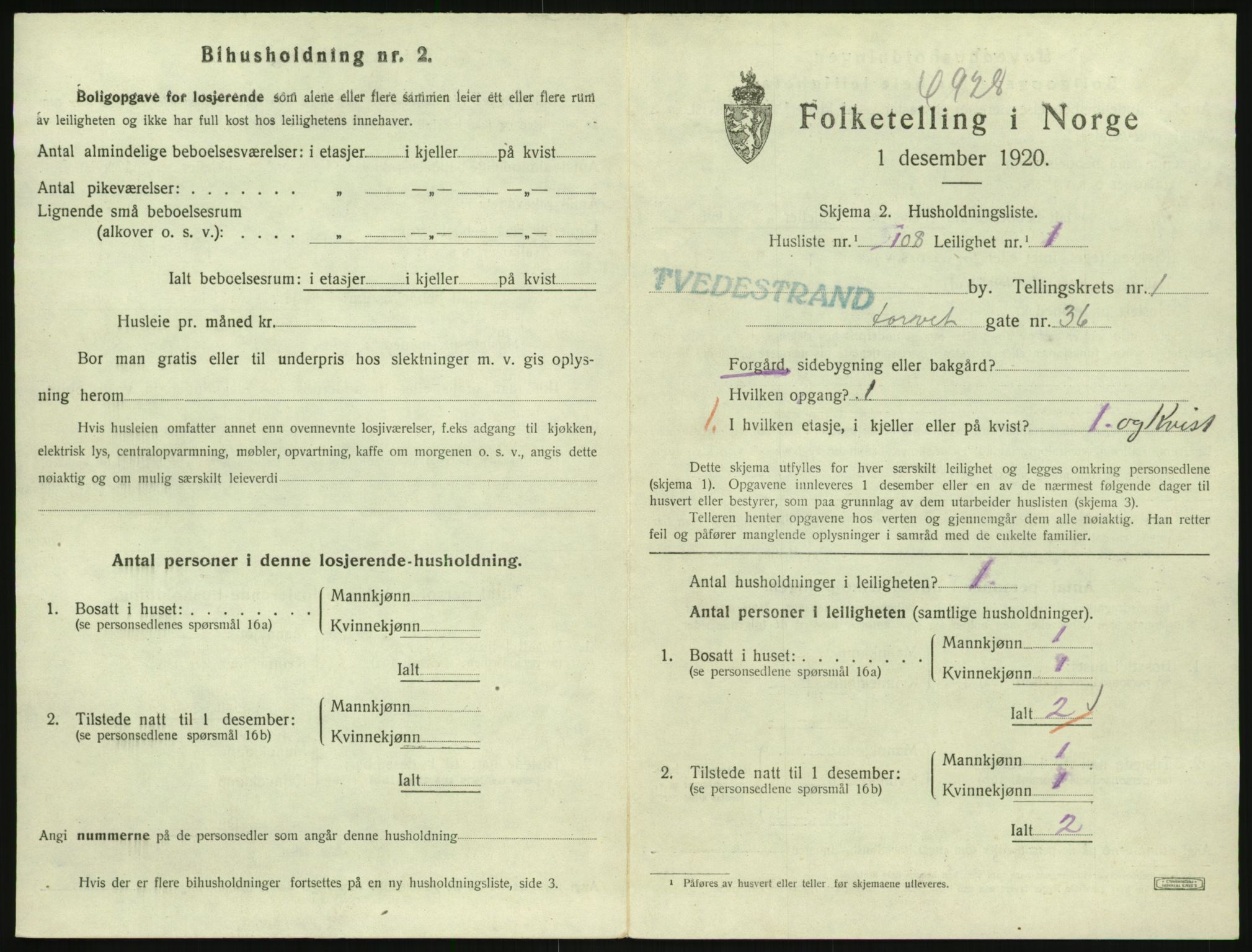 SAK, 1920 census for Tvedestrand, 1920, p. 891