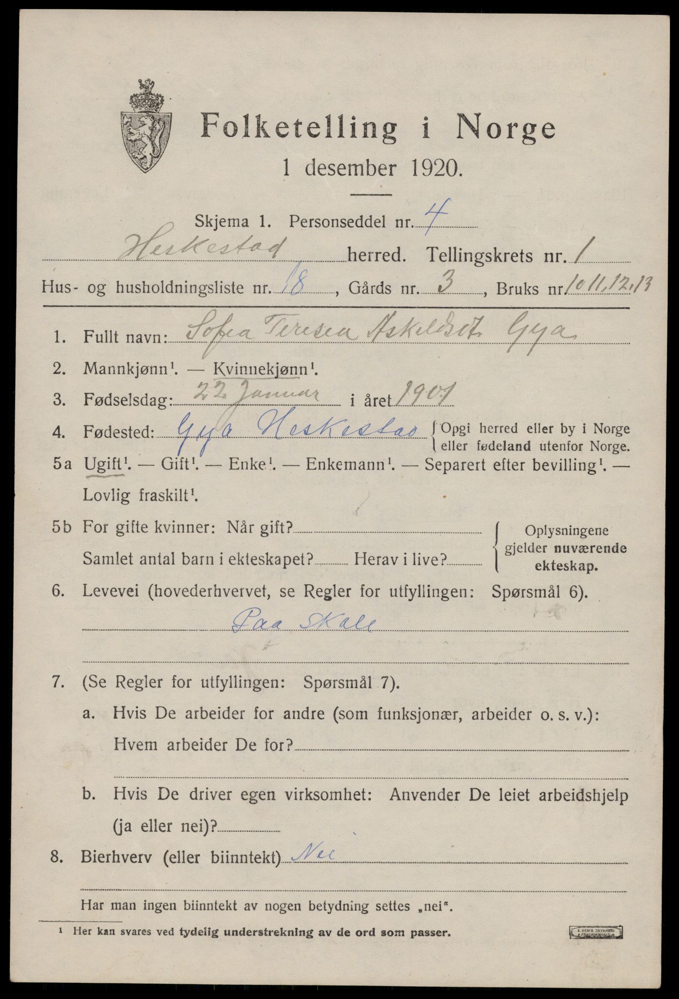 SAST, 1920 census for Heskestad, 1920, p. 597