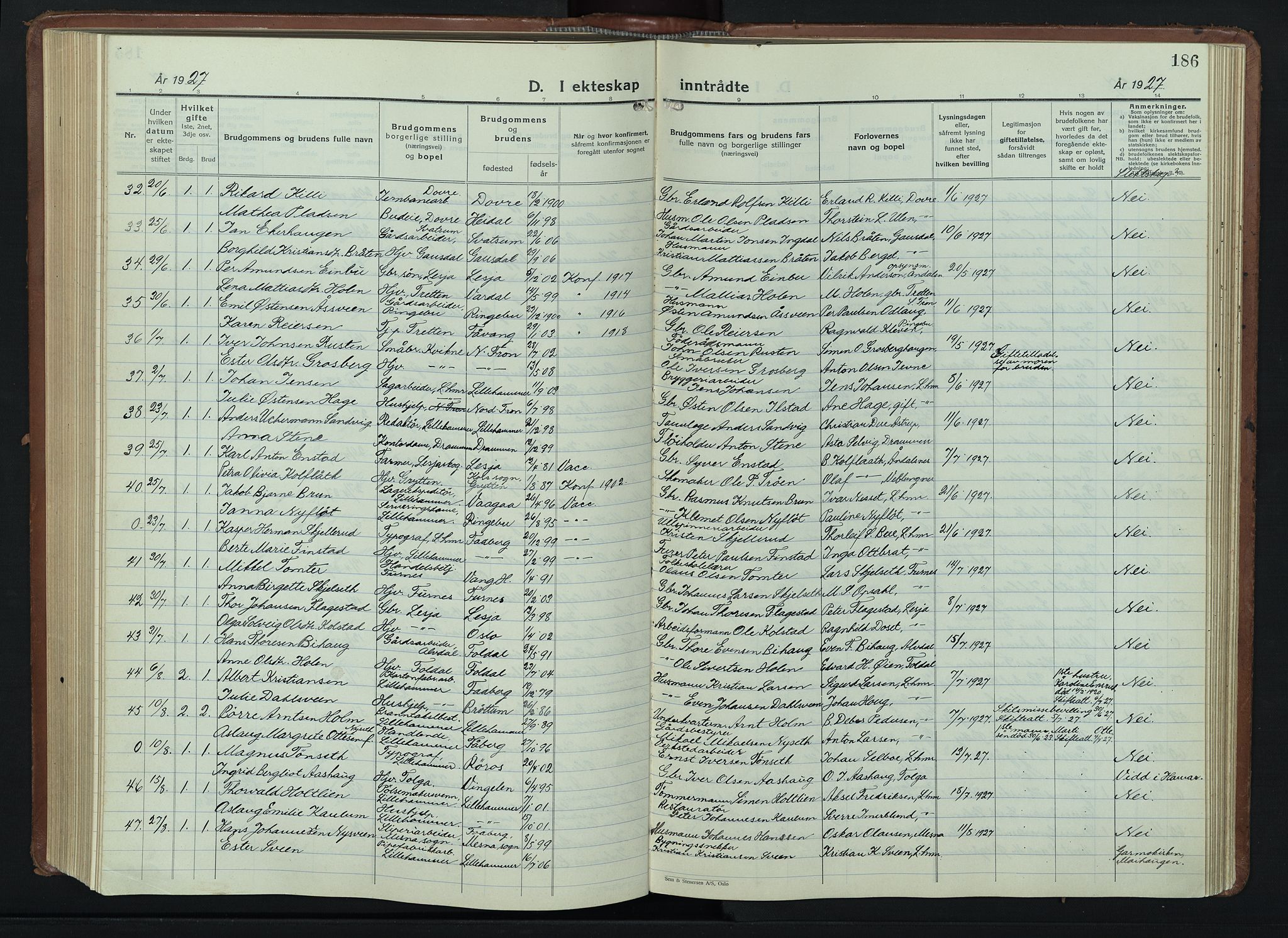 Lillehammer prestekontor, AV/SAH-PREST-088/H/Ha/Hab/L0003: Parish register (copy) no. 3, 1927-1943, p. 186