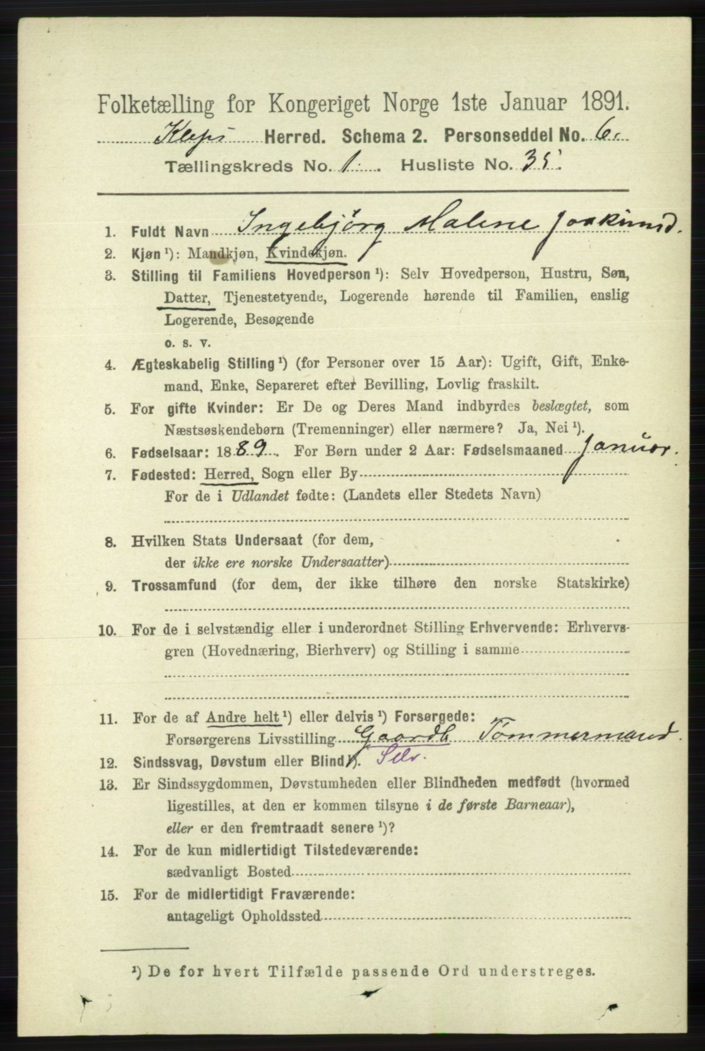 RA, 1891 census for 1120 Klepp, 1891, p. 303