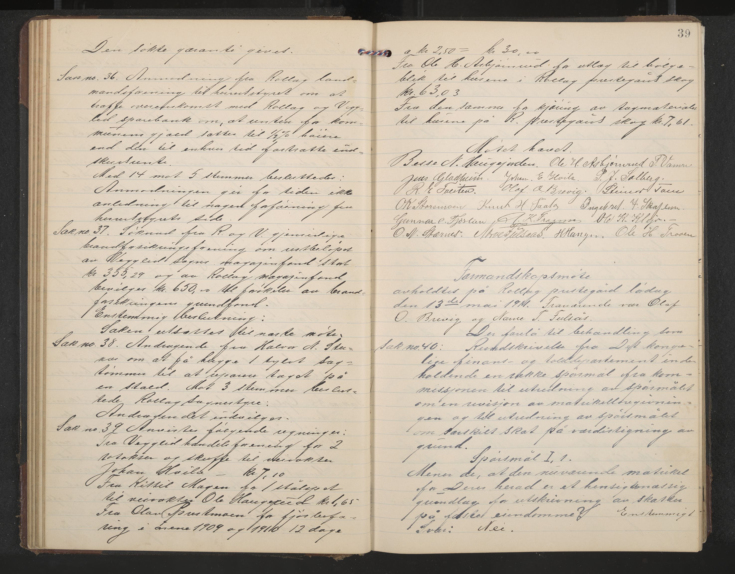Rollag formannskap og sentraladministrasjon, IKAK/0632021-2/A/Aa/L0005: Møtebok, 1909-1915, p. 39