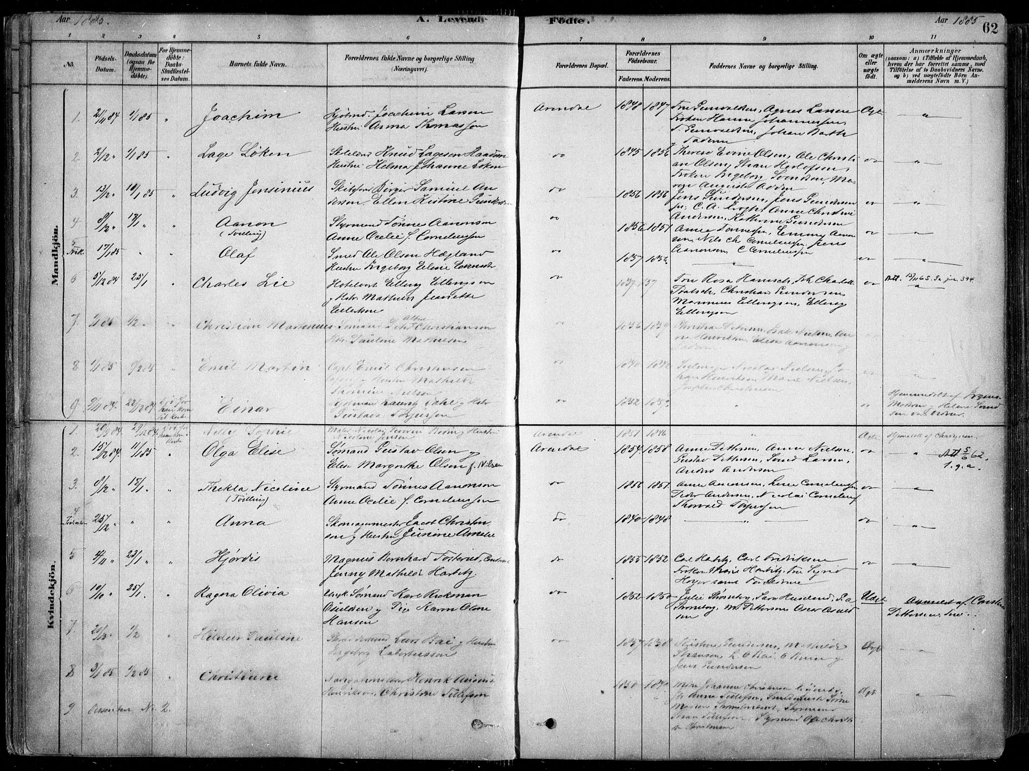 Arendal sokneprestkontor, Trefoldighet, SAK/1111-0040/F/Fa/L0008: Parish register (official) no. A 8, 1878-1899, p. 62