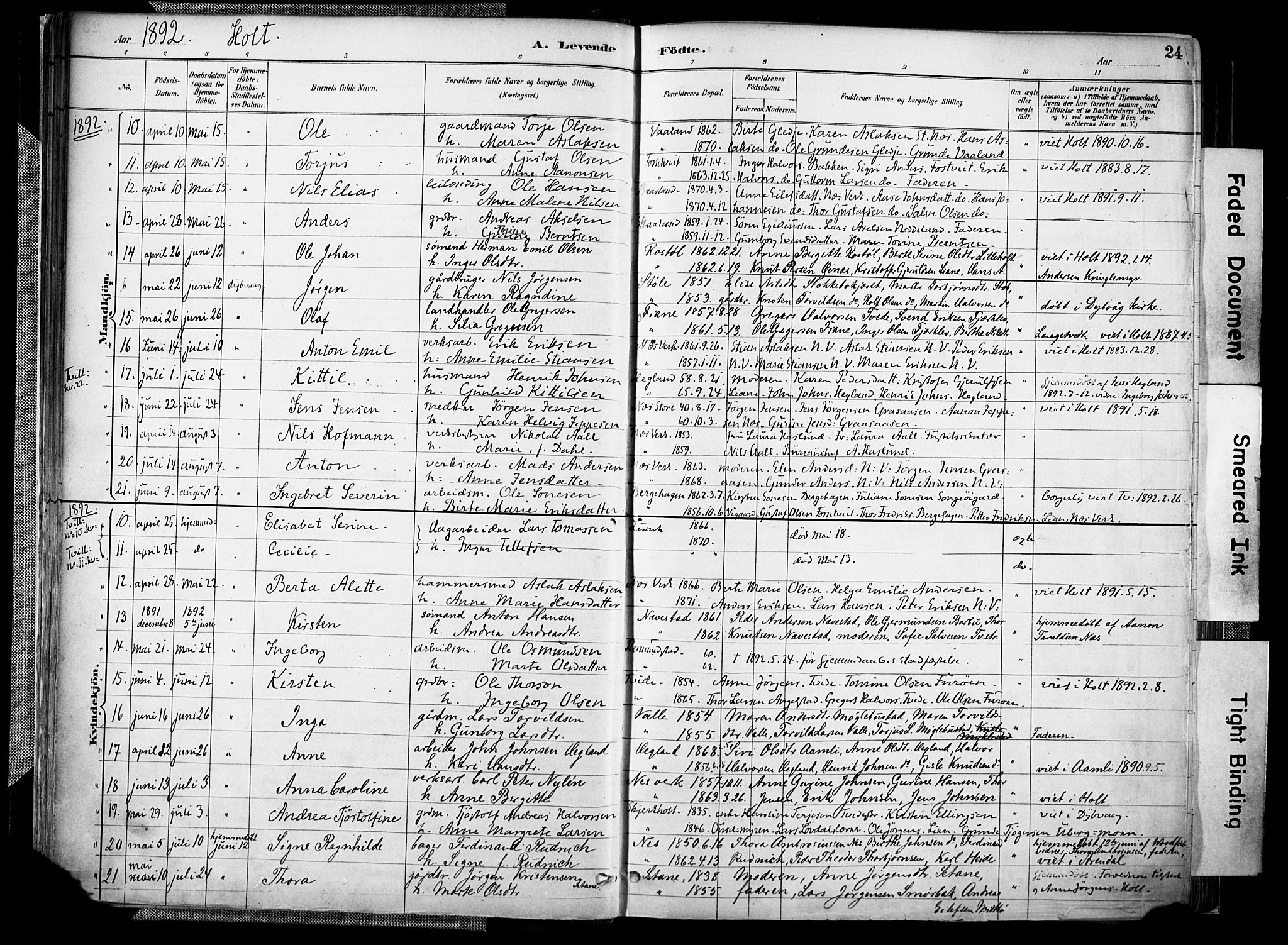 Holt sokneprestkontor, AV/SAK-1111-0021/F/Fa/L0012: Parish register (official) no. A 12, 1885-1907, p. 24