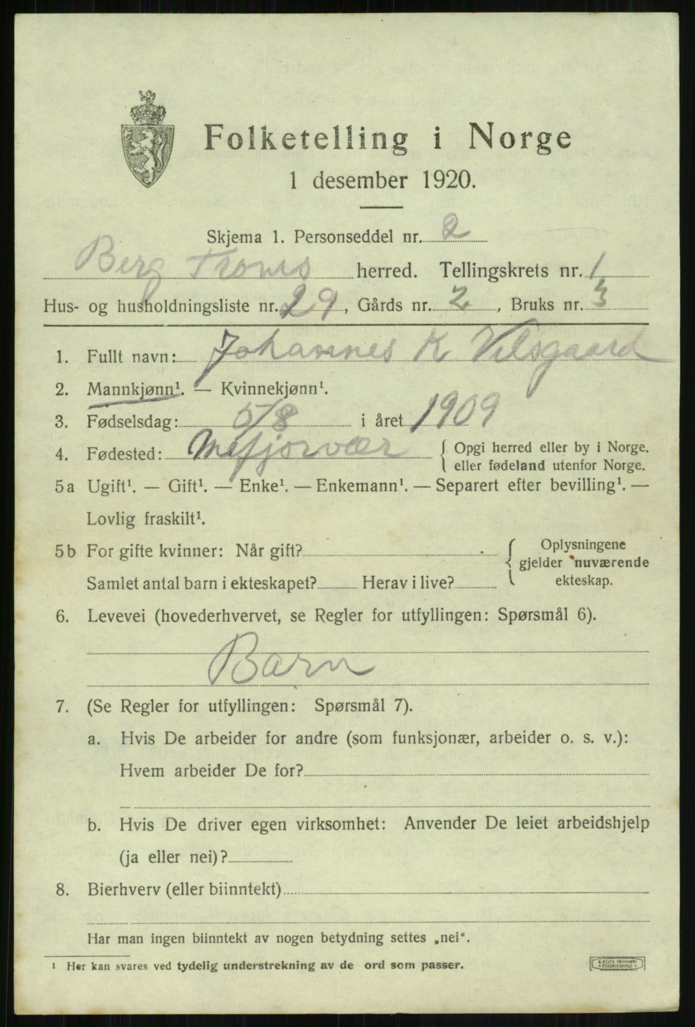 SATØ, 1920 census for Berg, 1920, p. 821