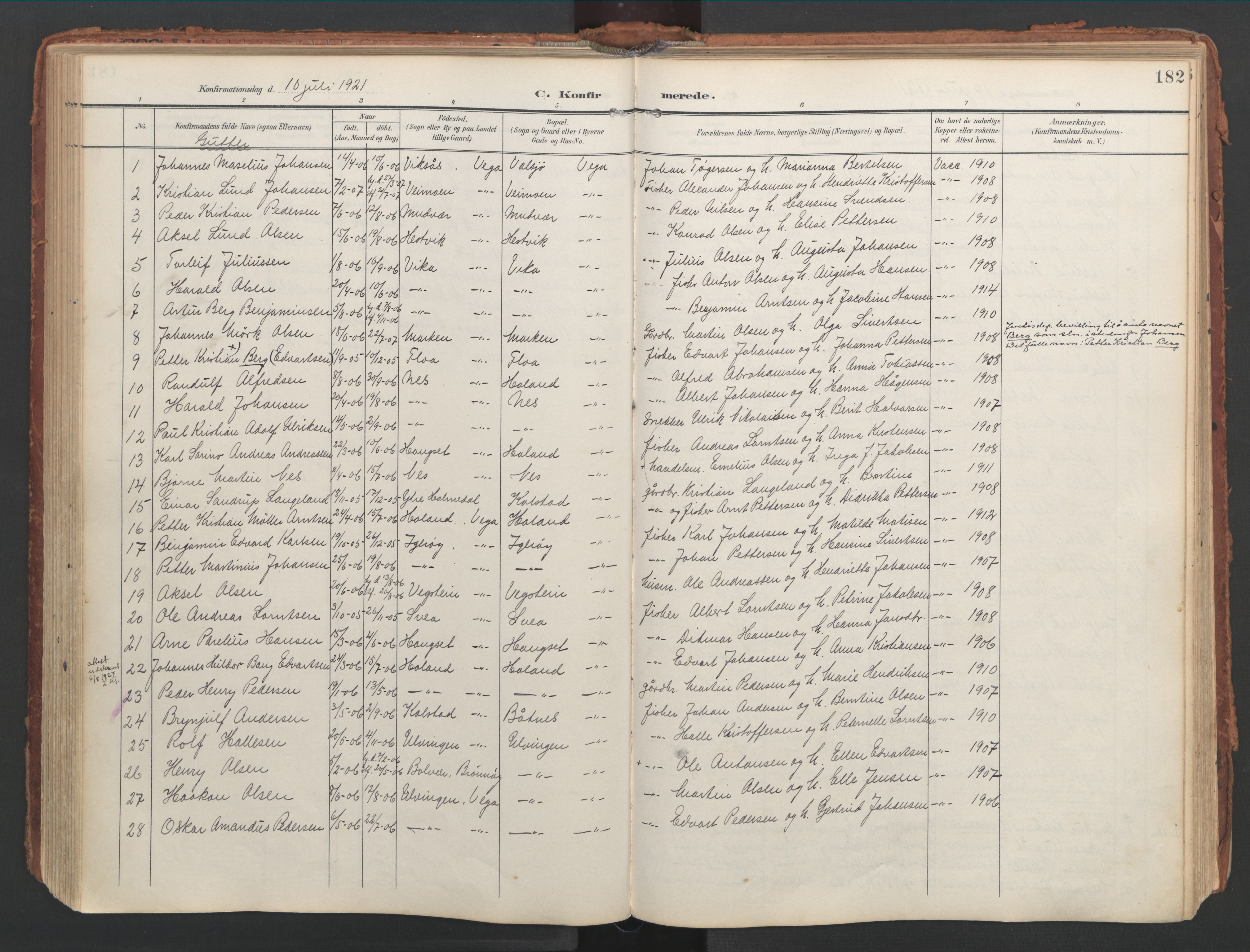 Ministerialprotokoller, klokkerbøker og fødselsregistre - Nordland, AV/SAT-A-1459/816/L0250: Parish register (official) no. 816A16, 1903-1923, p. 182