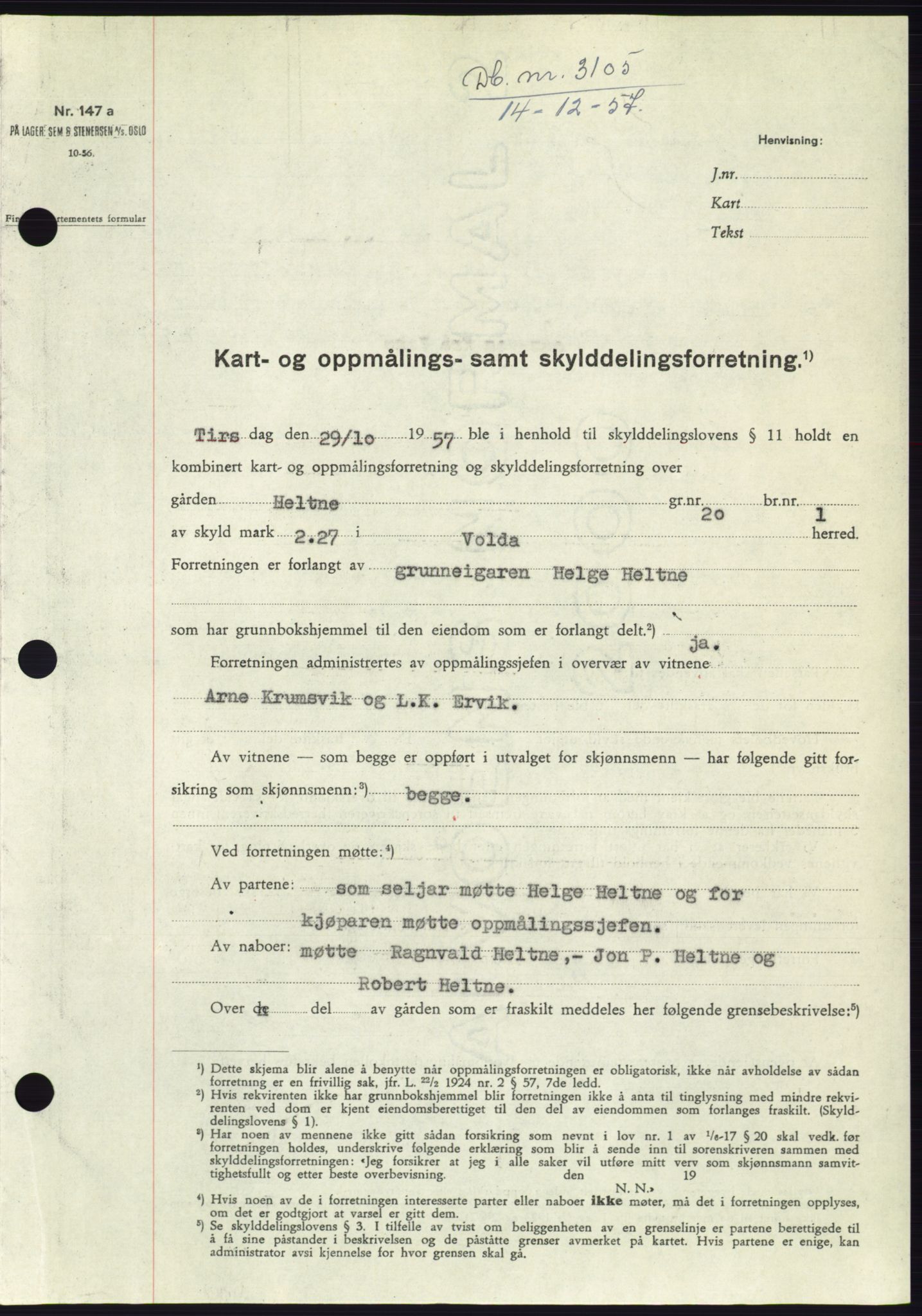 Søre Sunnmøre sorenskriveri, AV/SAT-A-4122/1/2/2C/L0108: Mortgage book no. 34A, 1957-1958, Diary no: : 3105/1957