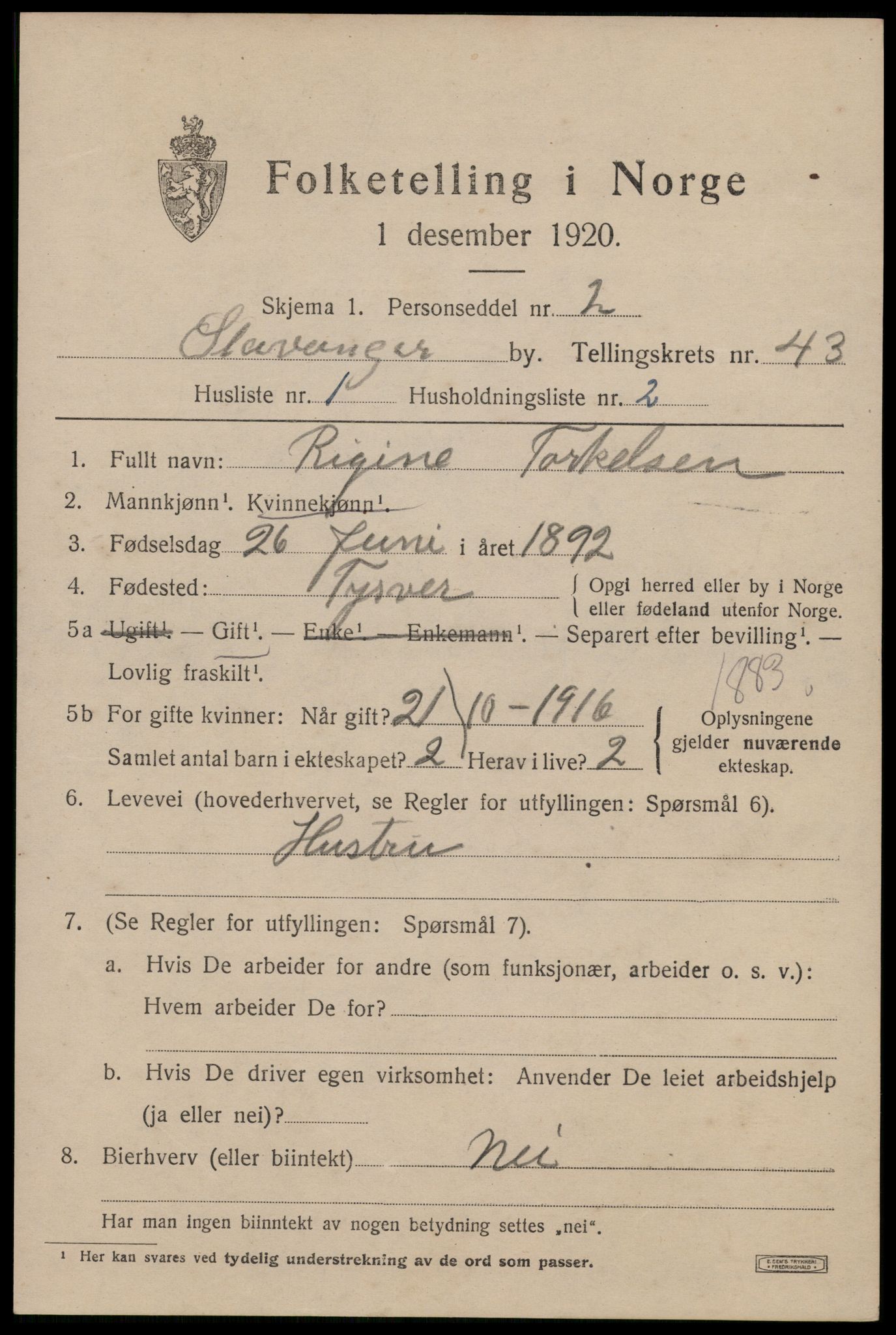 SAST, 1920 census for Stavanger, 1920, p. 106816