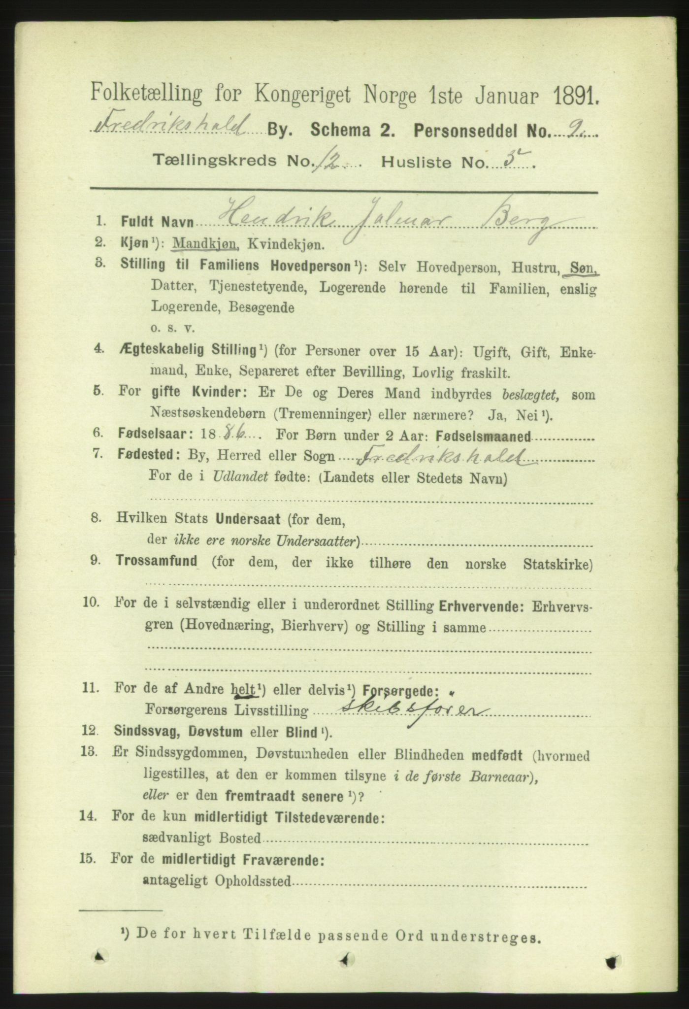 RA, 1891 census for 0101 Fredrikshald, 1891, p. 8374