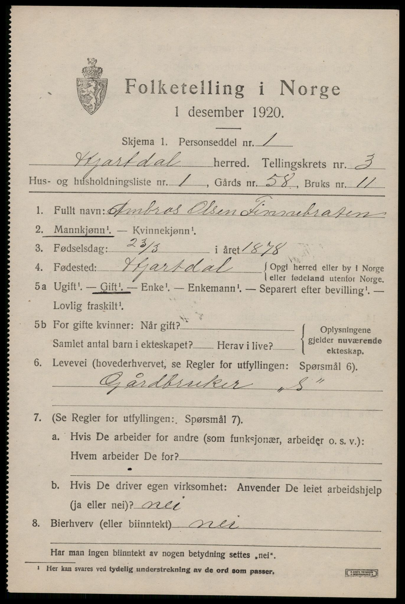 SAKO, 1920 census for Hjartdal, 1920, p. 2520