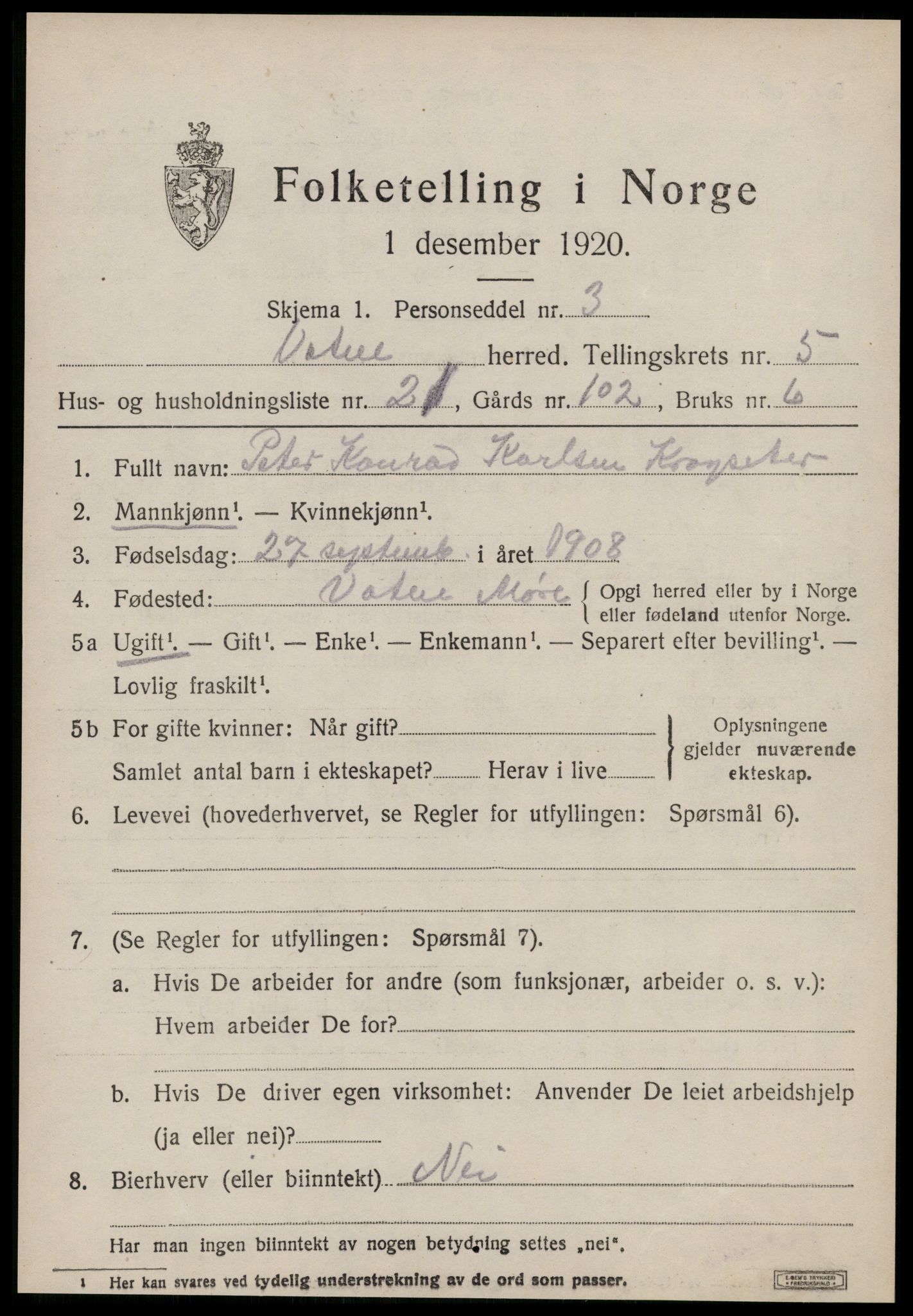 SAT, 1920 census for Vatne, 1920, p. 2446