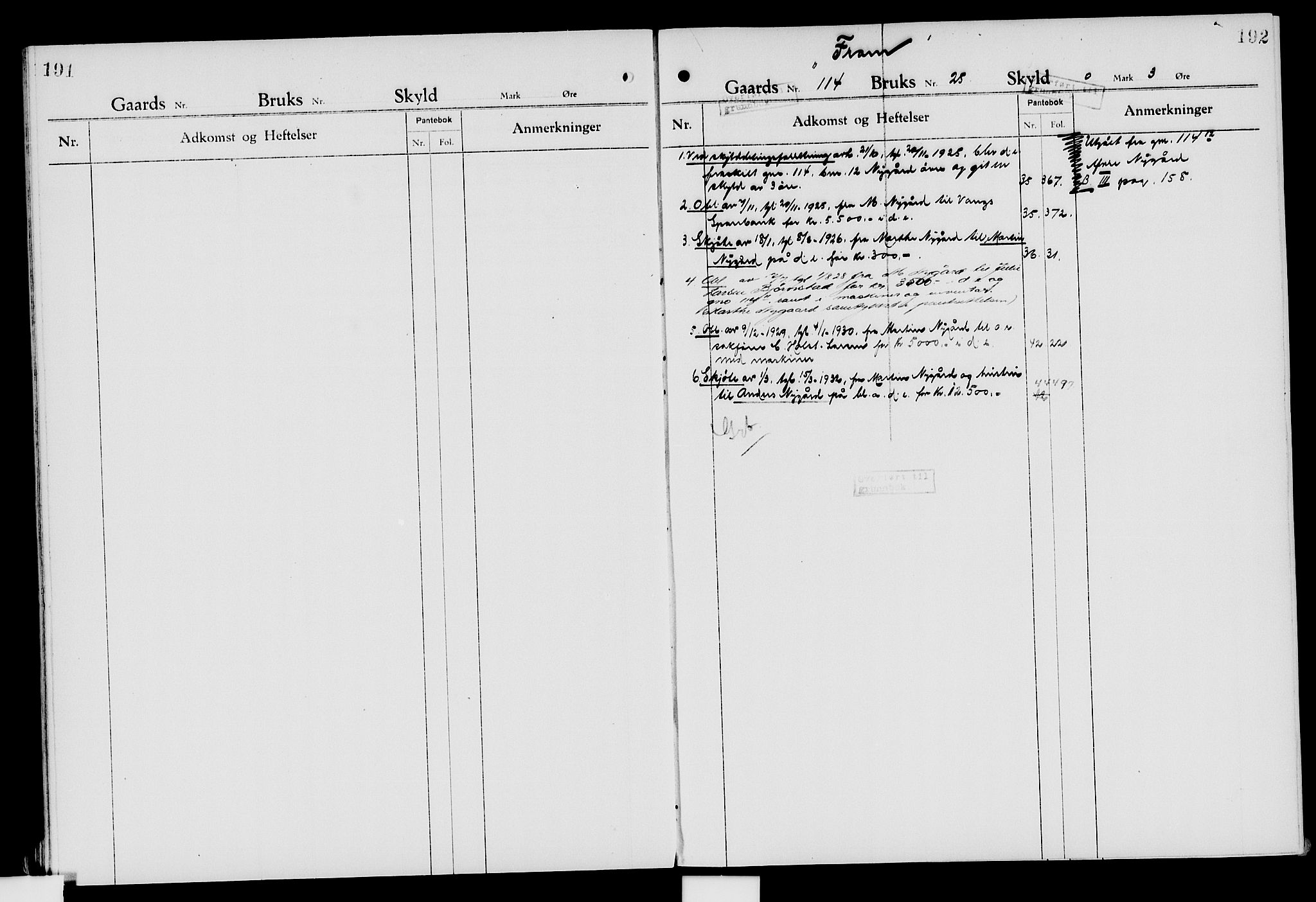 Nord-Hedmark sorenskriveri, SAH/TING-012/H/Ha/Had/Hade/L0007: Mortgage register no. 4.7, 1924-1940, p. 191-192