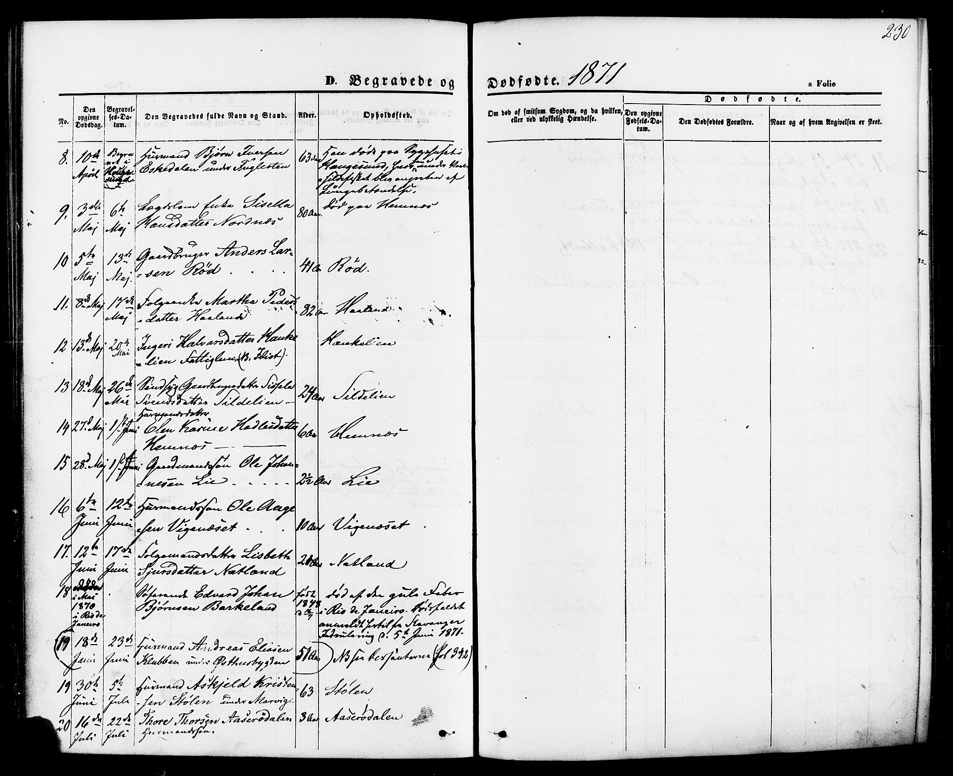 Jelsa sokneprestkontor, AV/SAST-A-101842/01/IV: Parish register (official) no. A 8, 1867-1883, p. 230