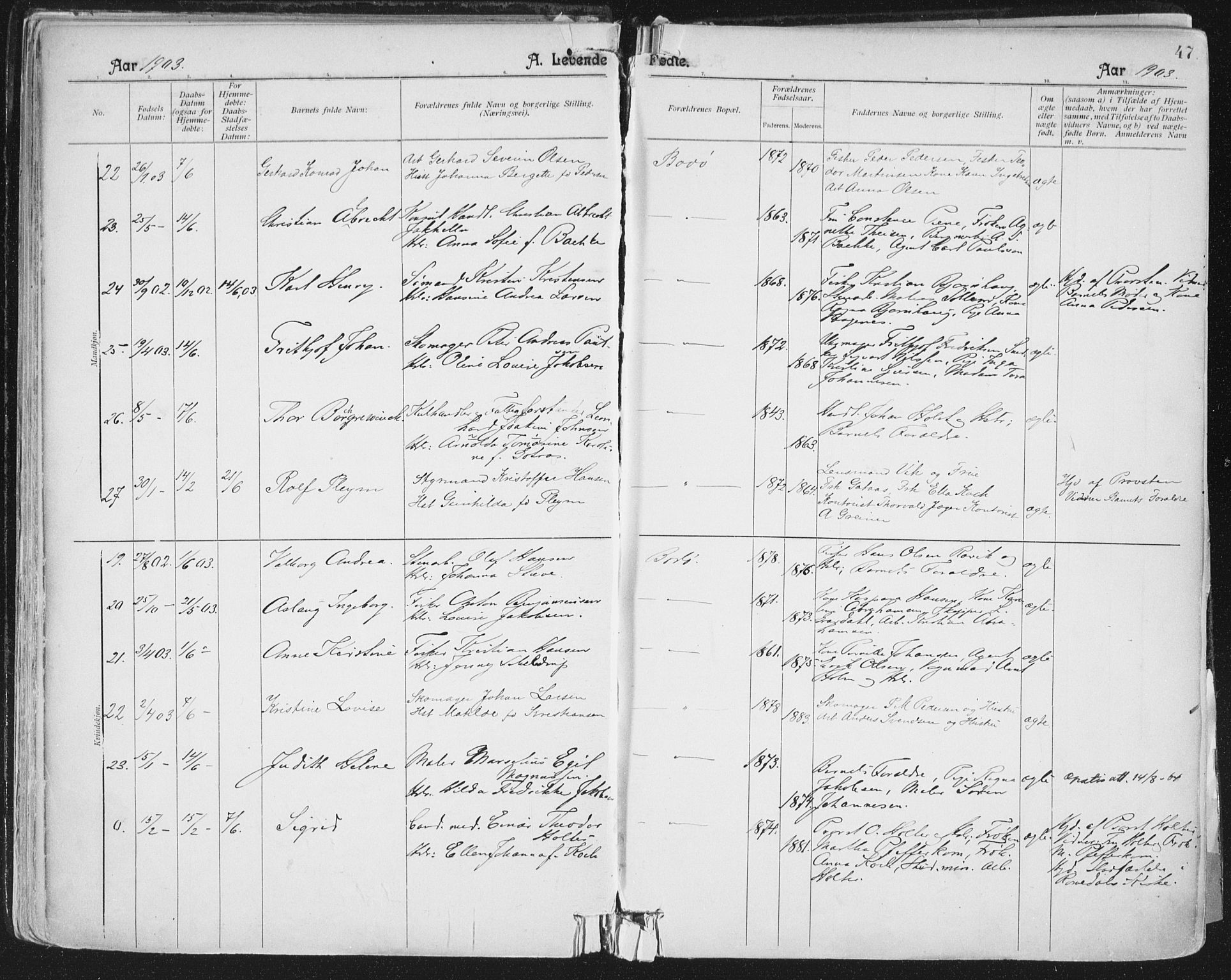 Ministerialprotokoller, klokkerbøker og fødselsregistre - Nordland, AV/SAT-A-1459/801/L0011: Parish register (official) no. 801A11, 1900-1916, p. 47