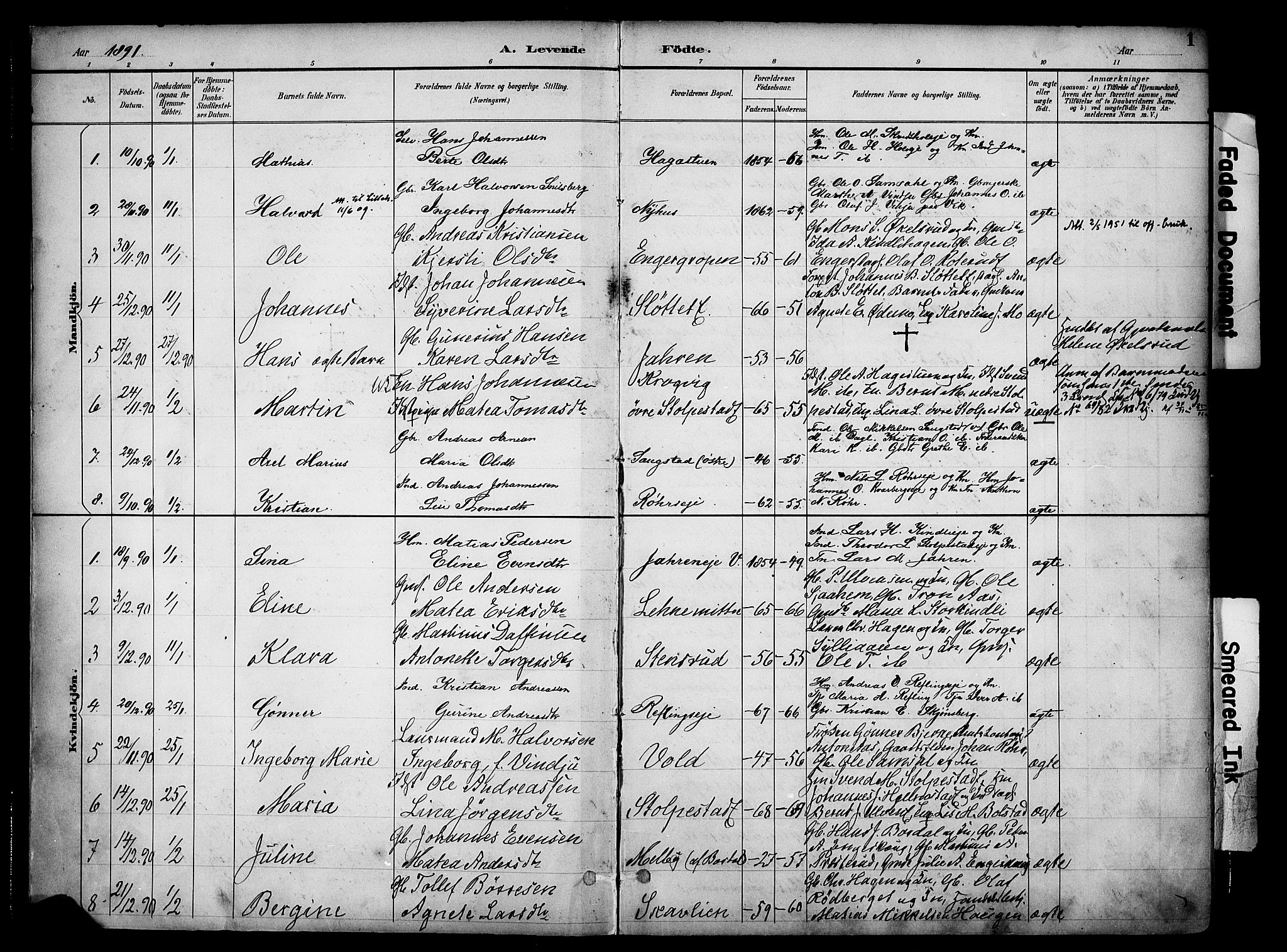 Ringsaker prestekontor, AV/SAH-PREST-014/K/Ka/L0017: Parish register (official) no. 17, 1891-1902, p. 1