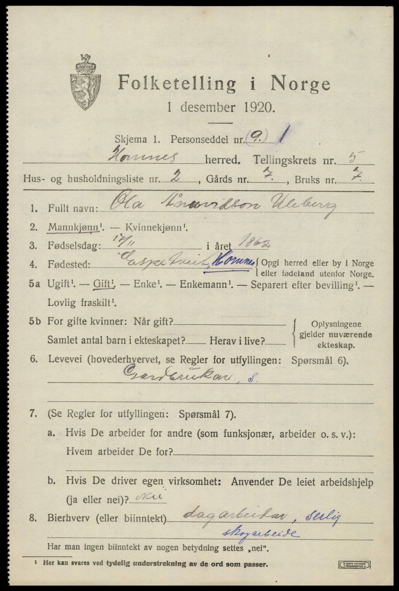 SAK, 1920 census for Hornnes, 1920, p. 1347
