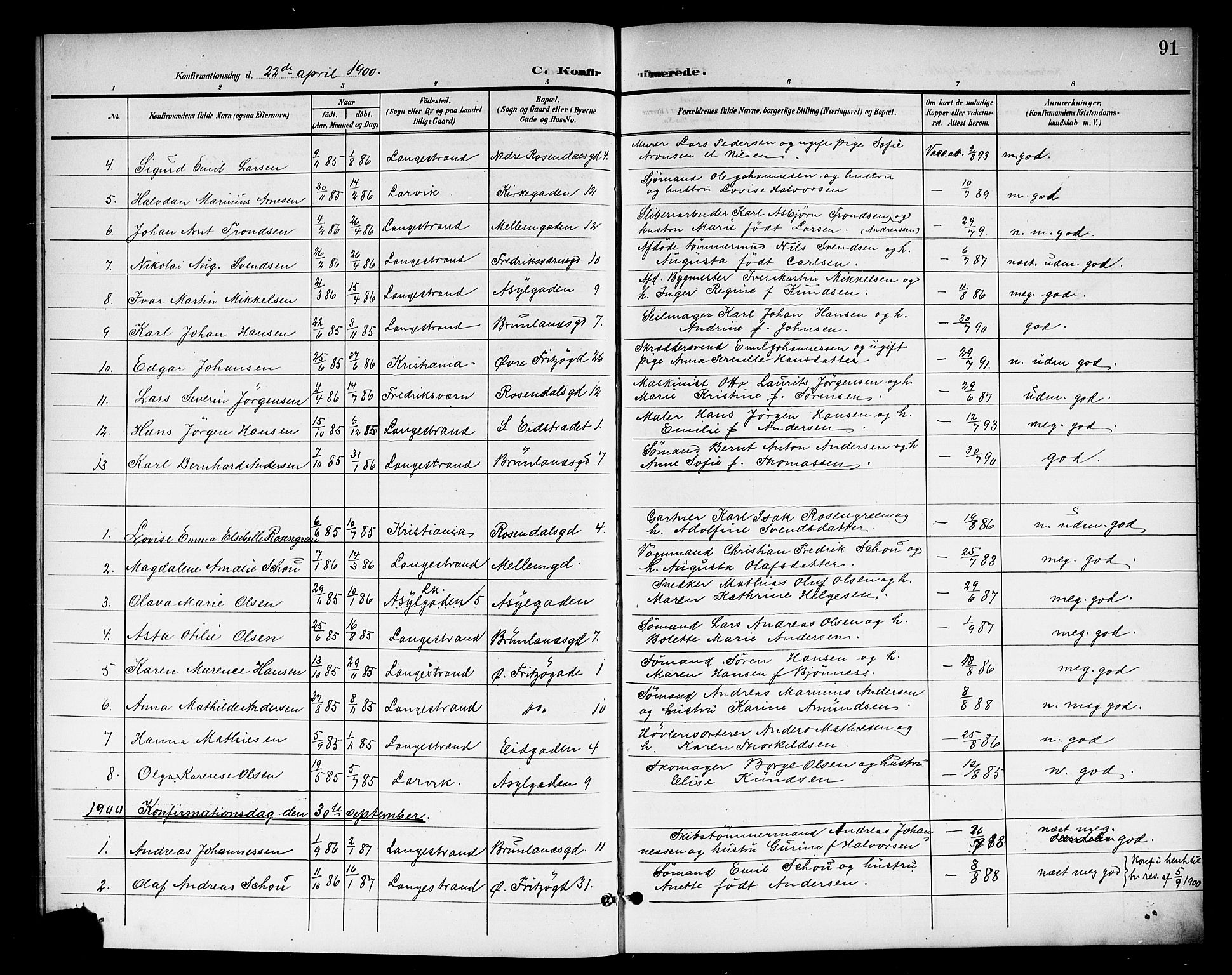 Larvik kirkebøker, AV/SAKO-A-352/G/Gb/L0004: Parish register (copy) no. II 4, 1899-1919, p. 91