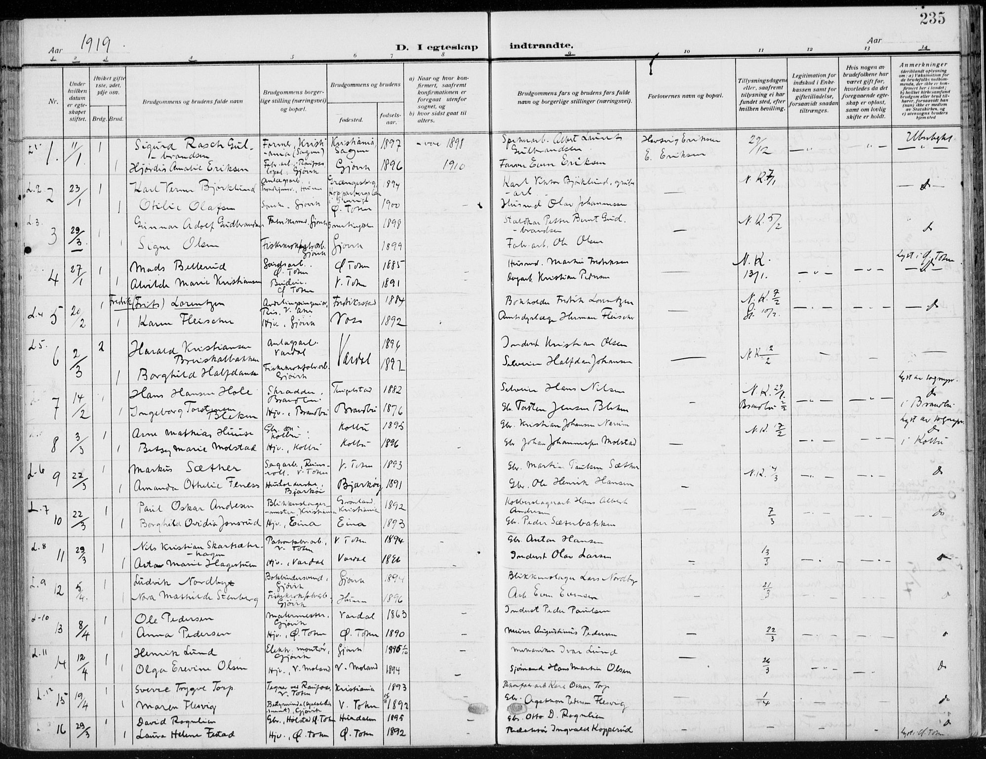 Vardal prestekontor, SAH/PREST-100/H/Ha/Haa/L0014: Parish register (official) no. 14, 1912-1922, p. 235