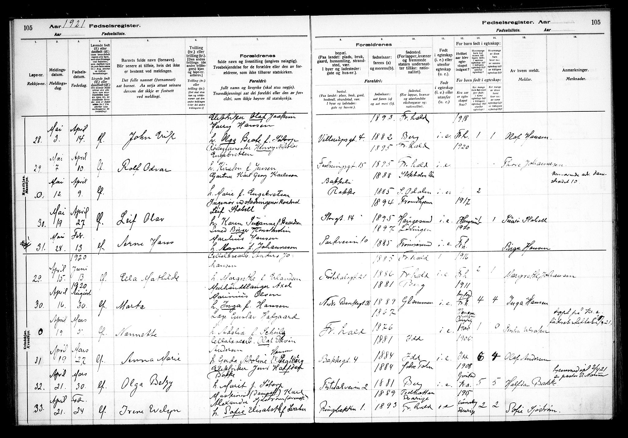 Halden prestekontor Kirkebøker, AV/SAO-A-10909/J/Ja/L0001: Birth register no. I 1, 1916-1925, p. 105