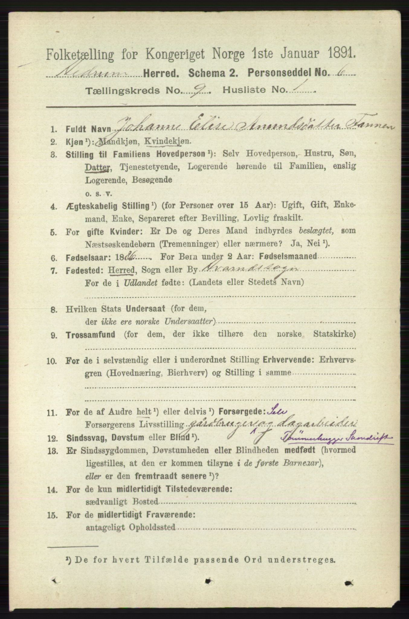 RA, 1891 census for 0727 Hedrum, 1891, p. 3922