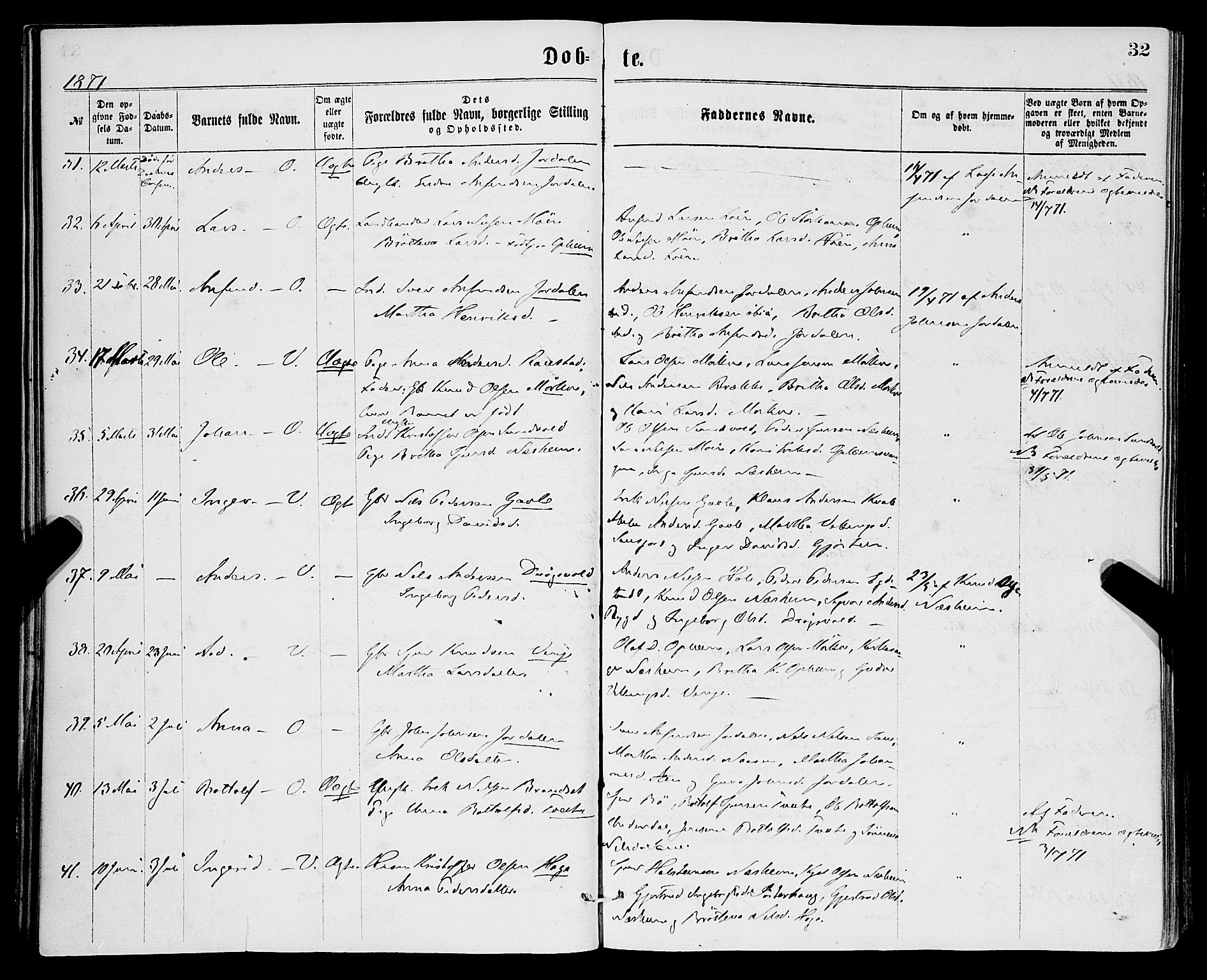 Vossestrand Sokneprestembete, SAB/A-79101/H/Haa: Parish register (official) no. A 1, 1866-1877, p. 32