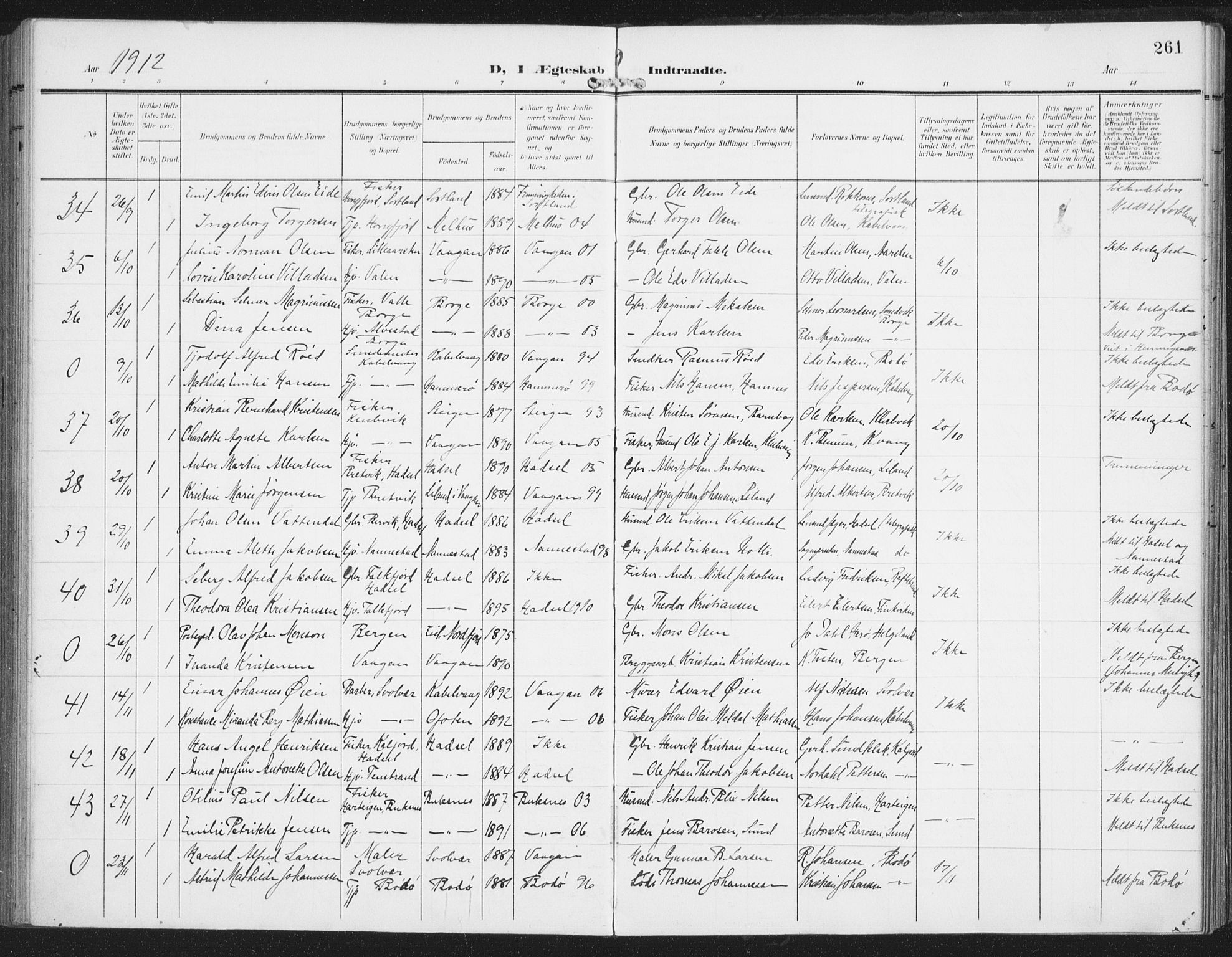 Ministerialprotokoller, klokkerbøker og fødselsregistre - Nordland, AV/SAT-A-1459/874/L1063: Parish register (official) no. 874A07, 1907-1915, p. 261