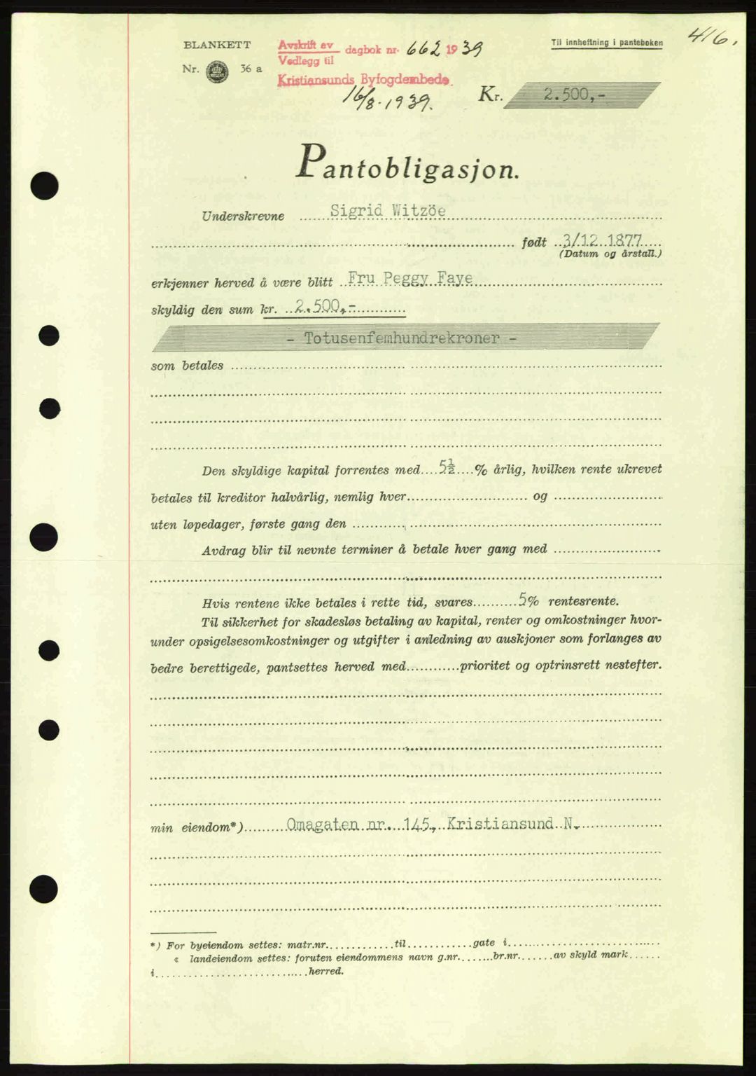 Kristiansund byfogd, SAT/A-4587/A/27: Mortgage book no. 31, 1938-1939, Diary no: : 662/1939