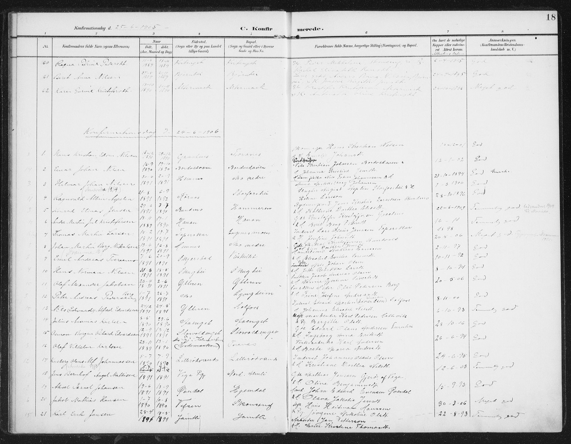 Ministerialprotokoller, klokkerbøker og fødselsregistre - Nordland, AV/SAT-A-1459/827/L0403: Parish register (official) no. 827A15, 1903-1912, p. 18