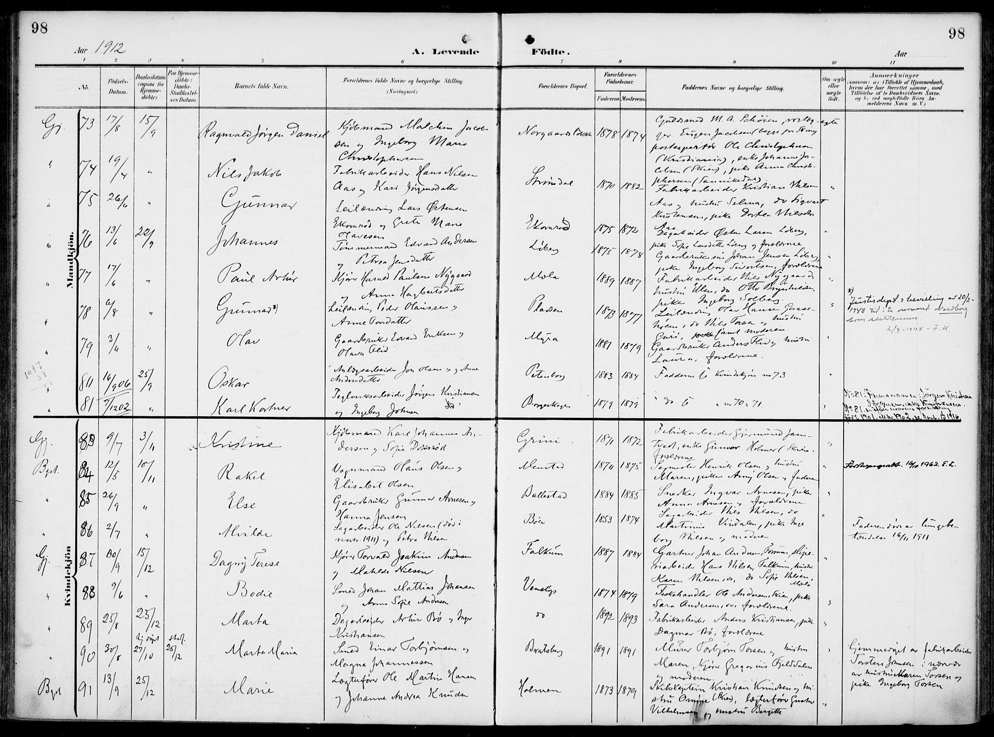 Gjerpen kirkebøker, SAKO/A-265/F/Fa/L0012: Parish register (official) no. I 12, 1905-1913, p. 98