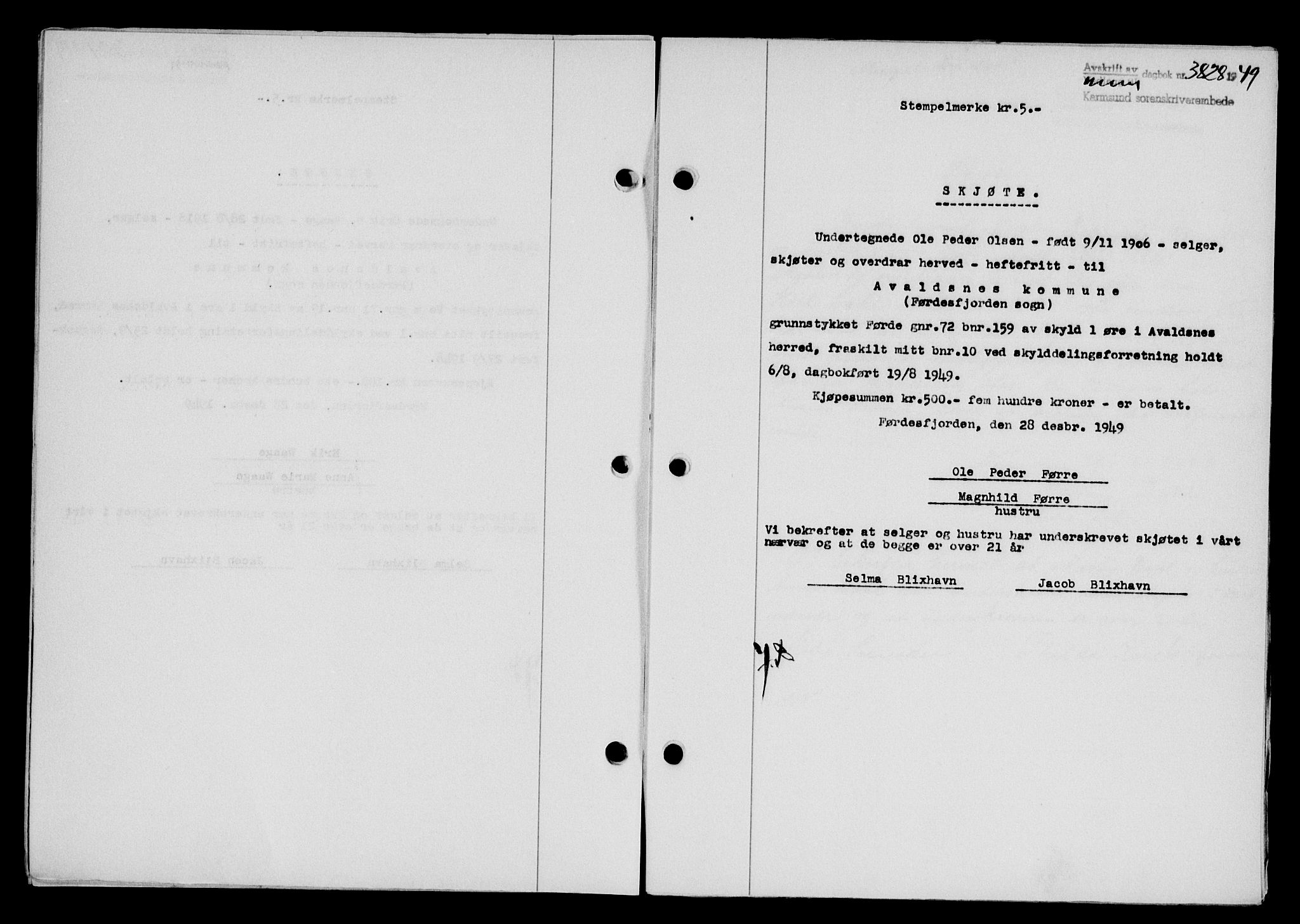 Karmsund sorenskriveri, SAST/A-100311/01/II/IIB/L0098: Mortgage book no. 78A, 1949-1950, Diary no: : 3828/1949
