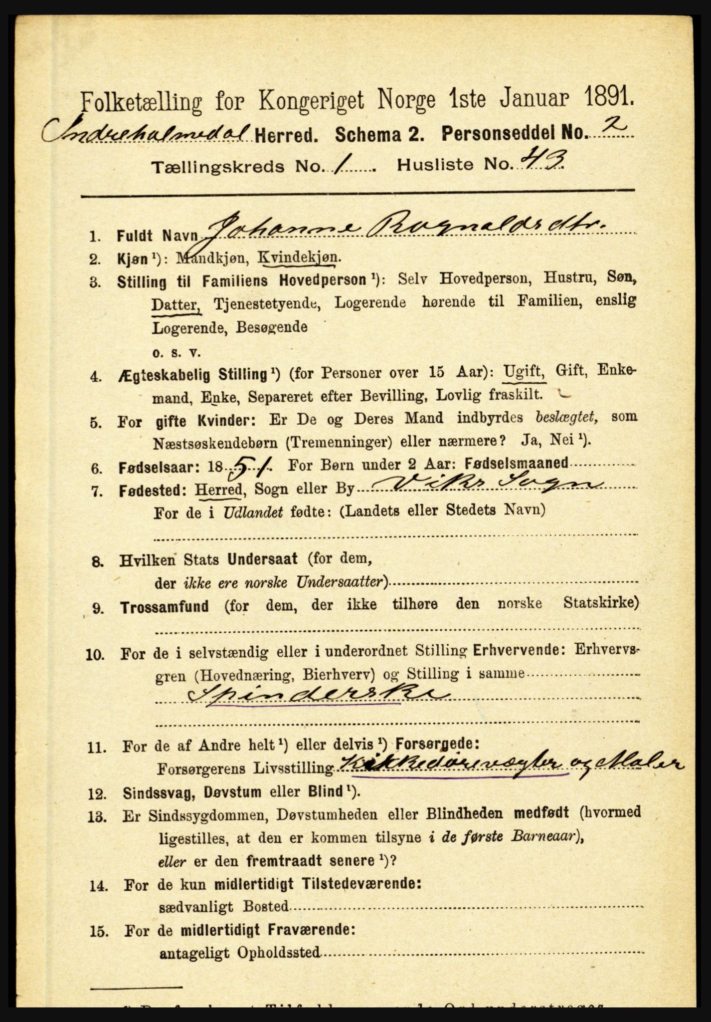 RA, 1891 census for 1430 Indre Holmedal, 1891, p. 398