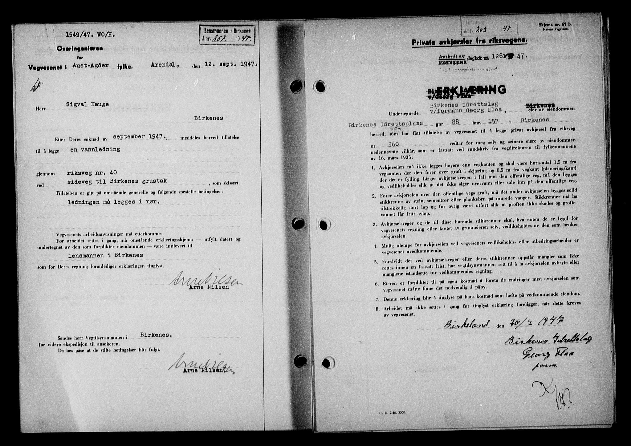 Vestre Nedenes/Sand sorenskriveri, AV/SAK-1221-0010/G/Gb/Gba/L0056: Mortgage book no. A 9, 1947-1947, Diary no: : 1261/1947