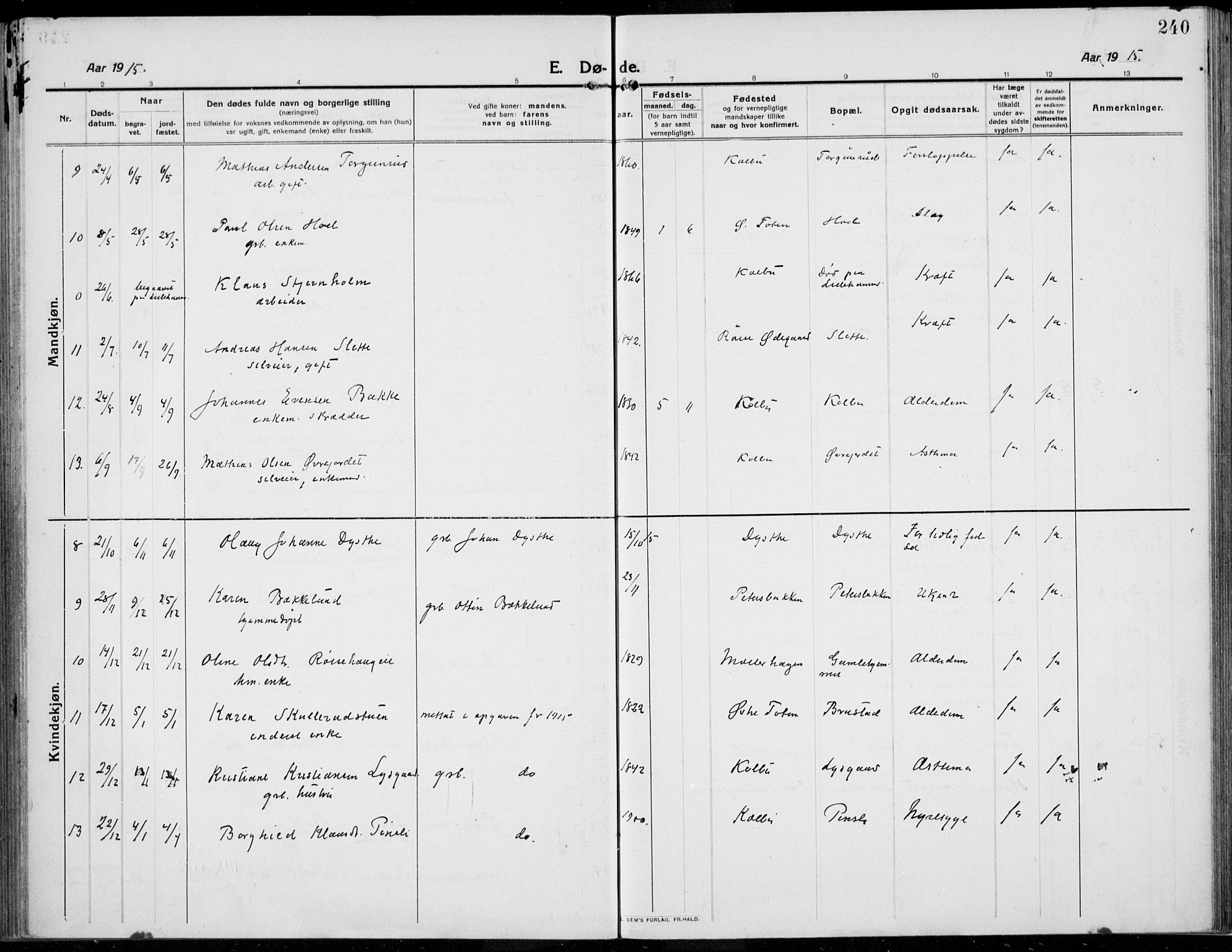 Kolbu prestekontor, SAH/PREST-110/H/Ha/Haa/L0002: Parish register (official) no. 2, 1912-1926, p. 240