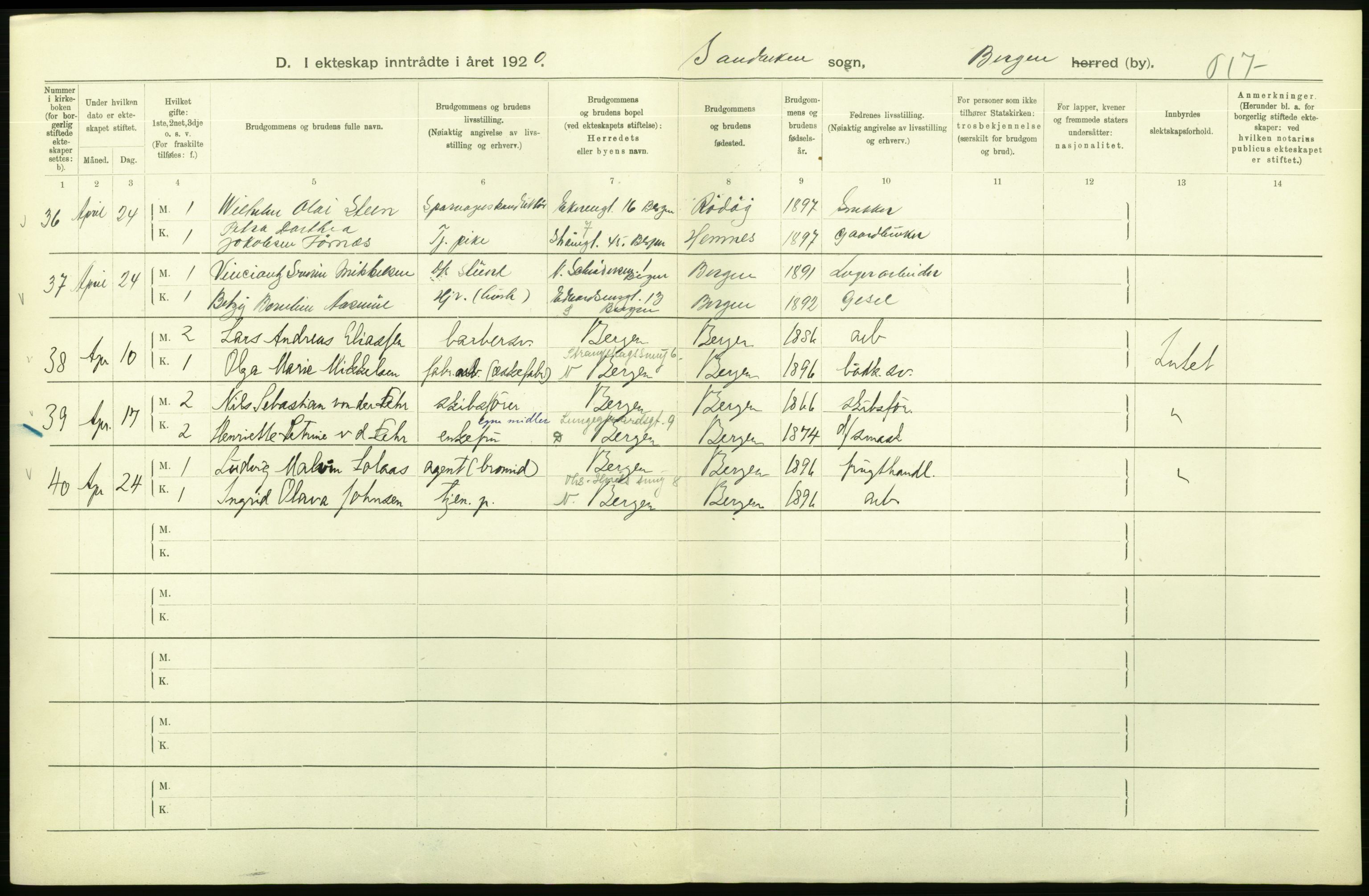 Statistisk sentralbyrå, Sosiodemografiske emner, Befolkning, AV/RA-S-2228/D/Df/Dfb/Dfbj/L0042: Bergen: Gifte, døde, dødfødte., 1920, p. 80