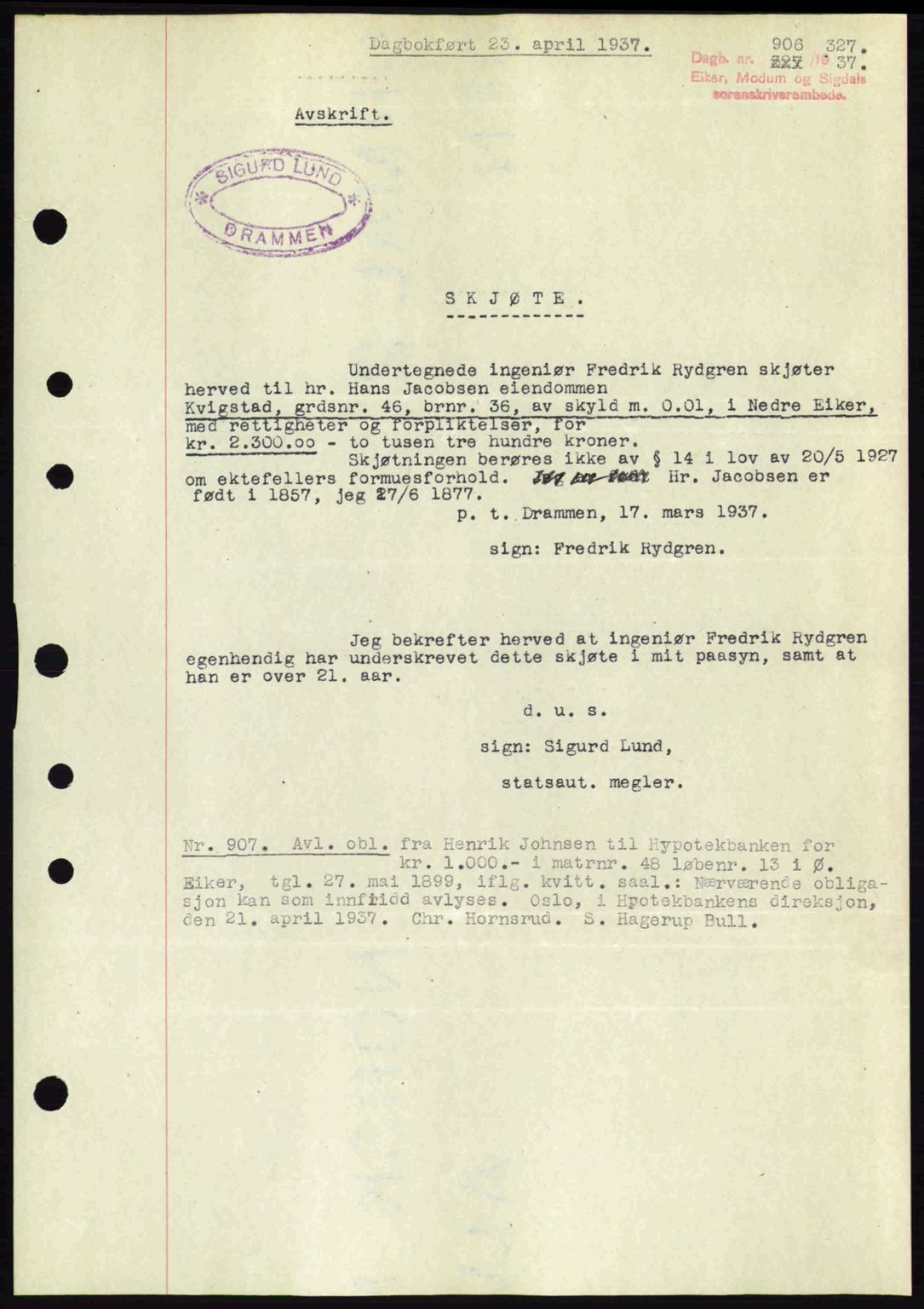 Eiker, Modum og Sigdal sorenskriveri, SAKO/A-123/G/Ga/Gab/L0035: Mortgage book no. A5, 1937-1937, Diary no: : 906/1937