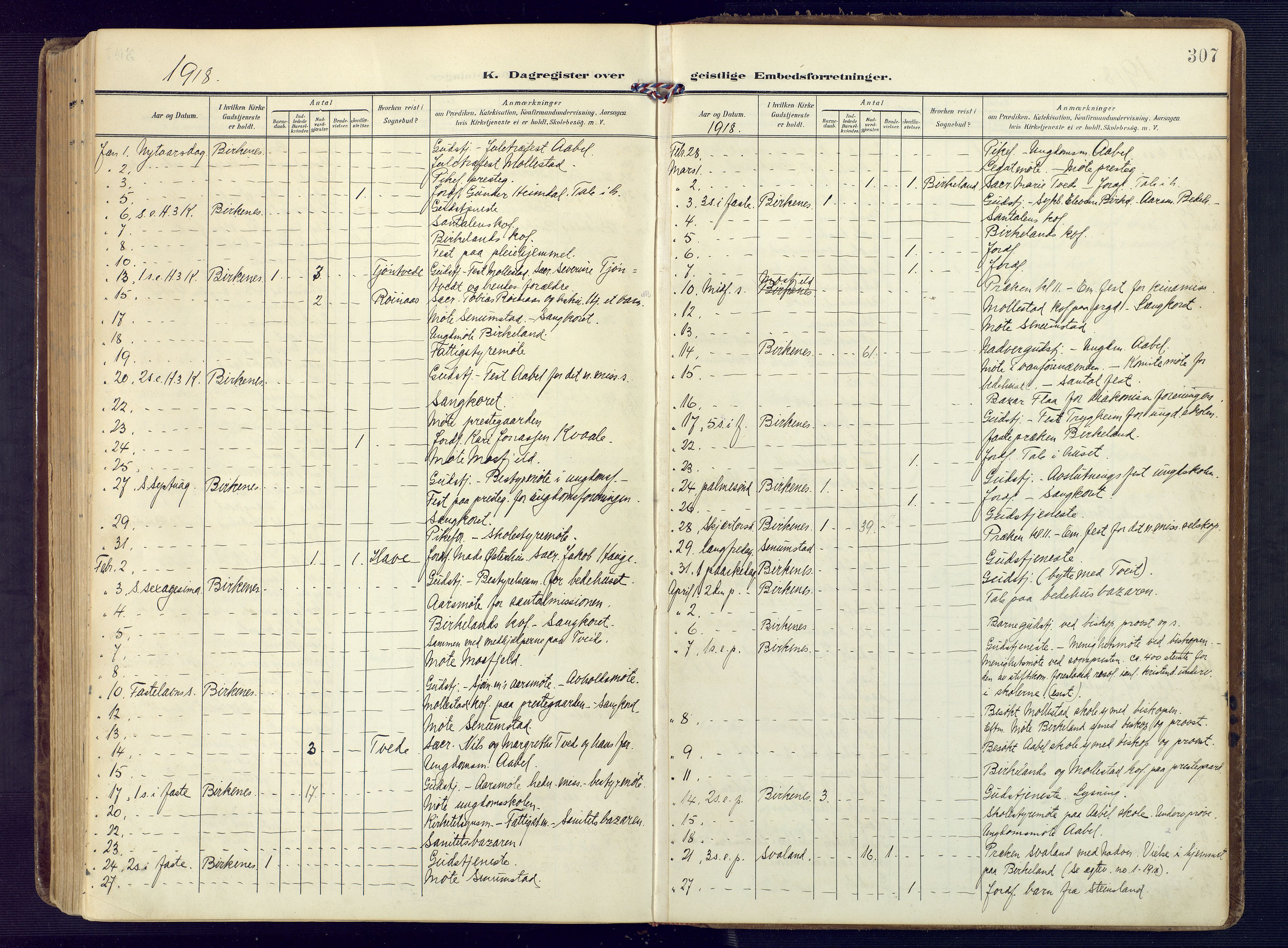 Birkenes sokneprestkontor, SAK/1111-0004/F/Fa/L0006: Parish register (official) no. A 6, 1908-1932, p. 307