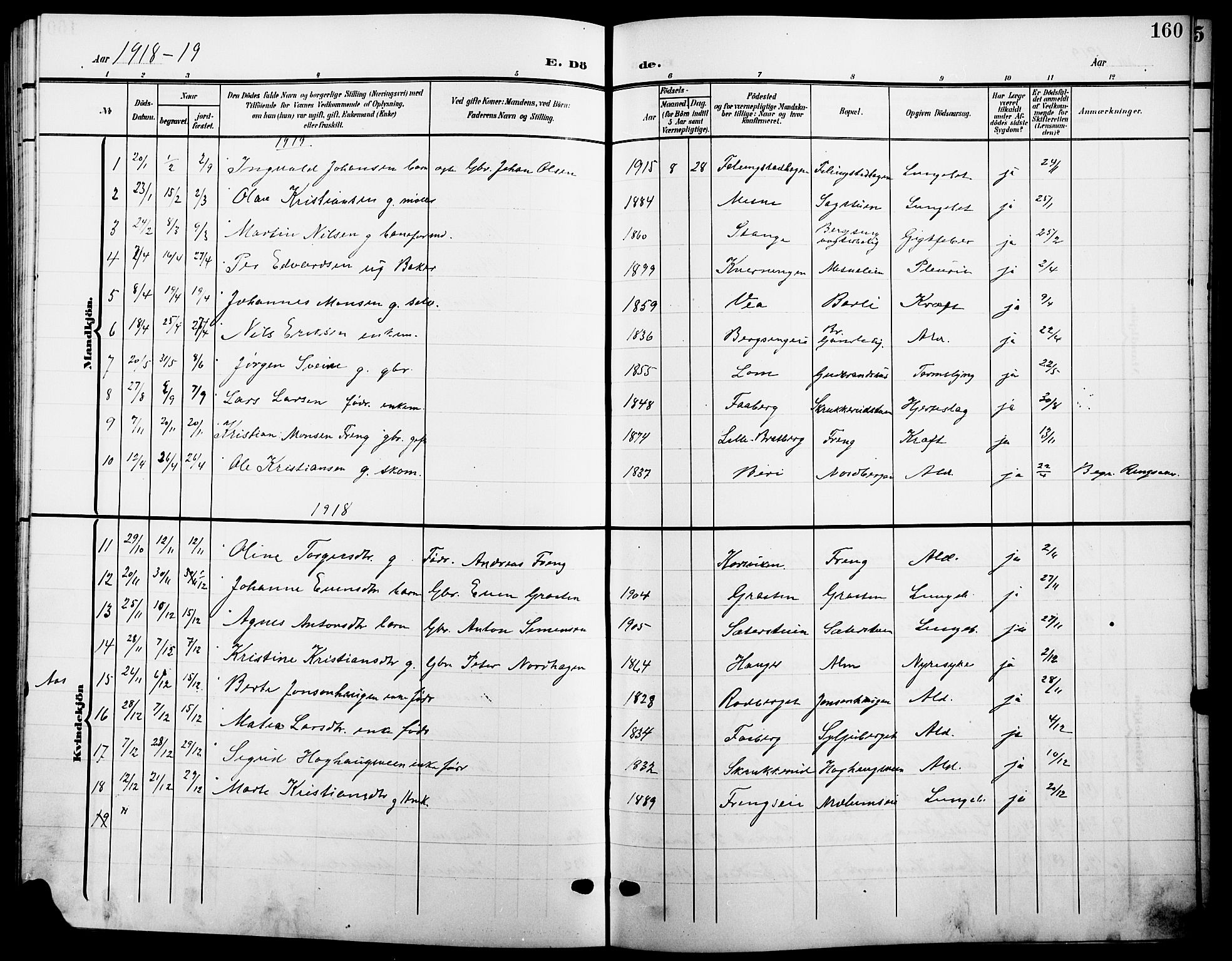 Ringsaker prestekontor, SAH/PREST-014/L/La/L0016: Parish register (copy) no. 16, 1905-1920, p. 160